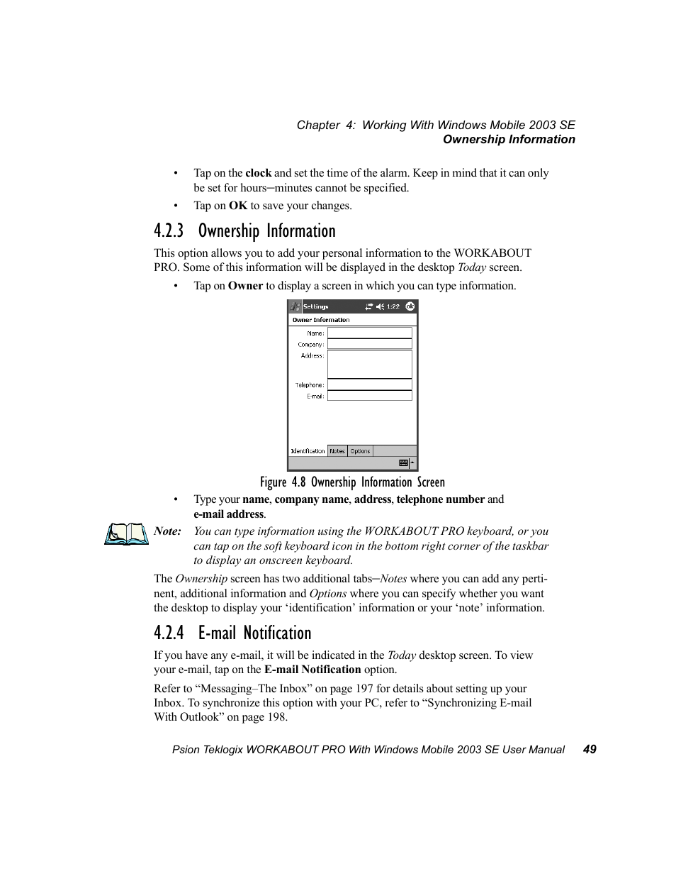 3 ownership information, 4 e-mail notification, 3 ownership information 4.2.4 e-mail notification | Psion Teklogix Schnellstart- Anleitung 7525 User Manual | Page 79 / 364