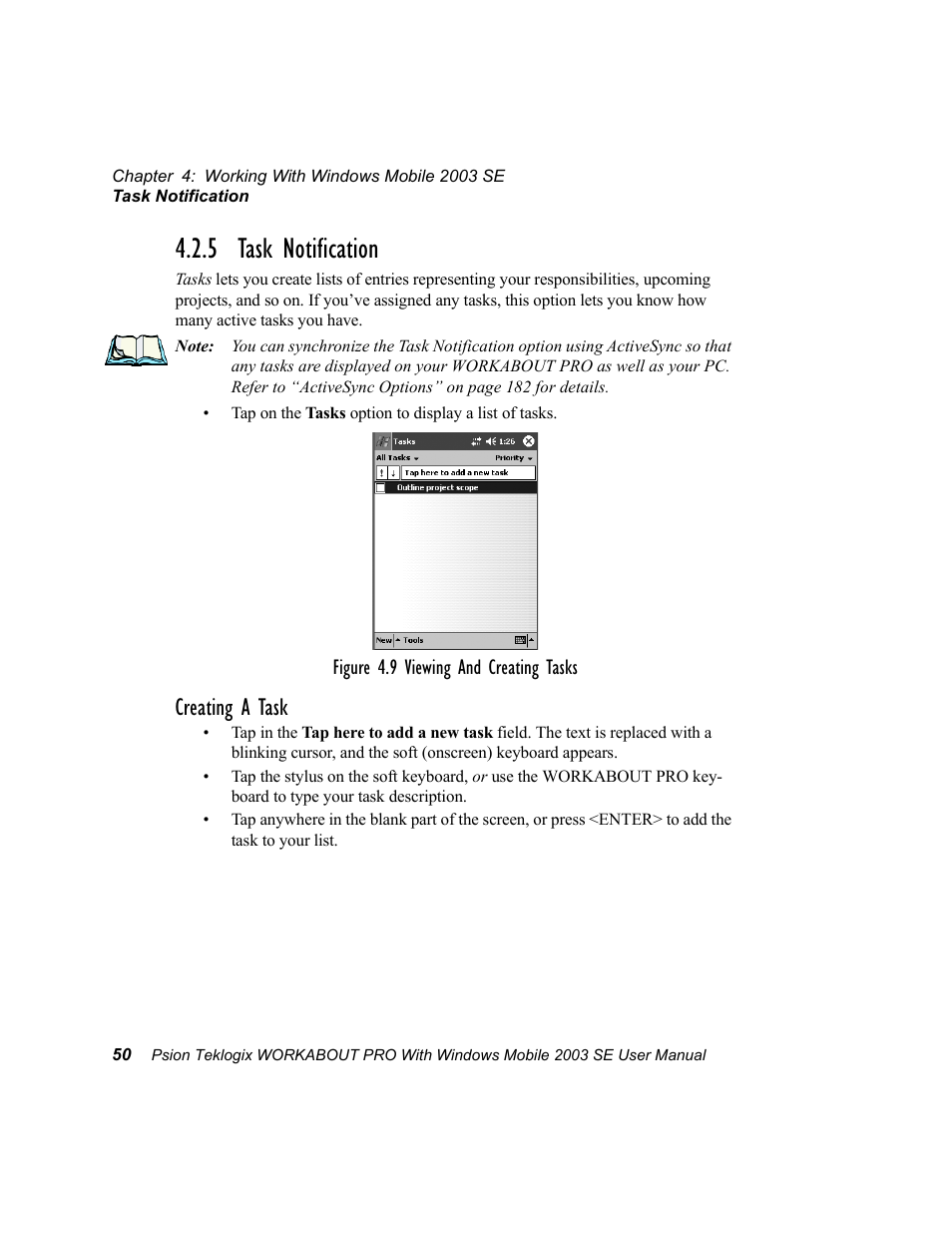 5 task notification, Creating a task | Psion Teklogix Schnellstart- Anleitung 7525 User Manual | Page 80 / 364