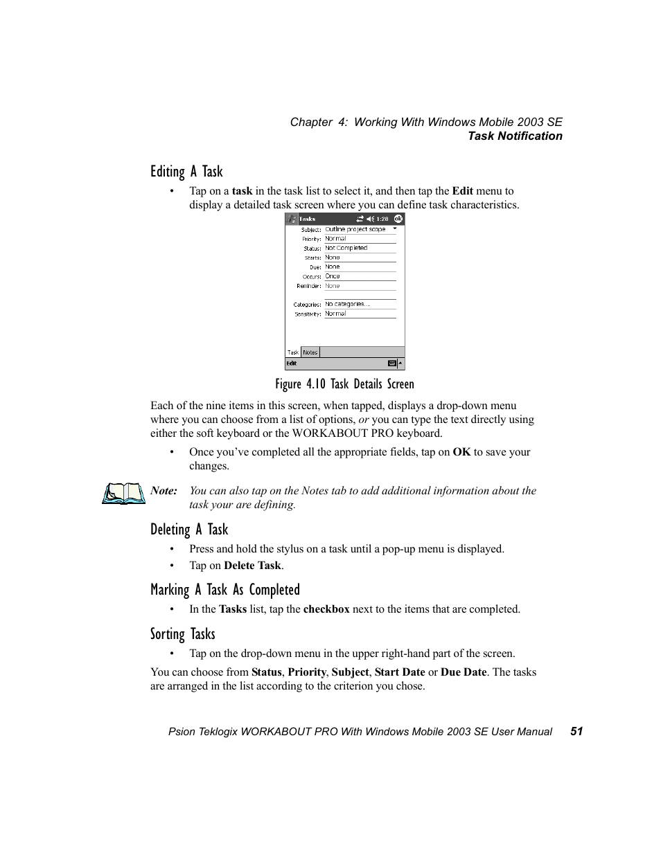 Editing a task, Deleting a task, Marking a task as completed | Sorting tasks | Psion Teklogix Schnellstart- Anleitung 7525 User Manual | Page 81 / 364