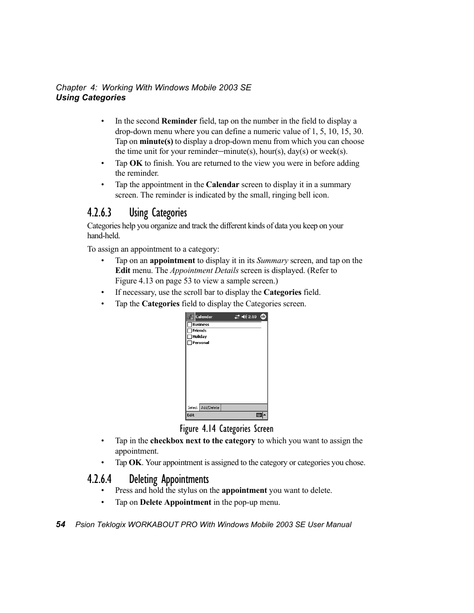 3 using categories, 4 deleting appointments, 3 using categories 4.2.6.4 deleting appointments | Psion Teklogix Schnellstart- Anleitung 7525 User Manual | Page 84 / 364