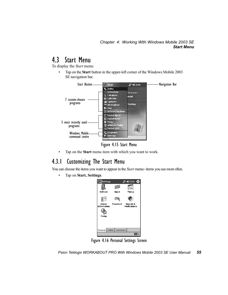 3 start menu, 1 customizing the start menu | Psion Teklogix Schnellstart- Anleitung 7525 User Manual | Page 85 / 364