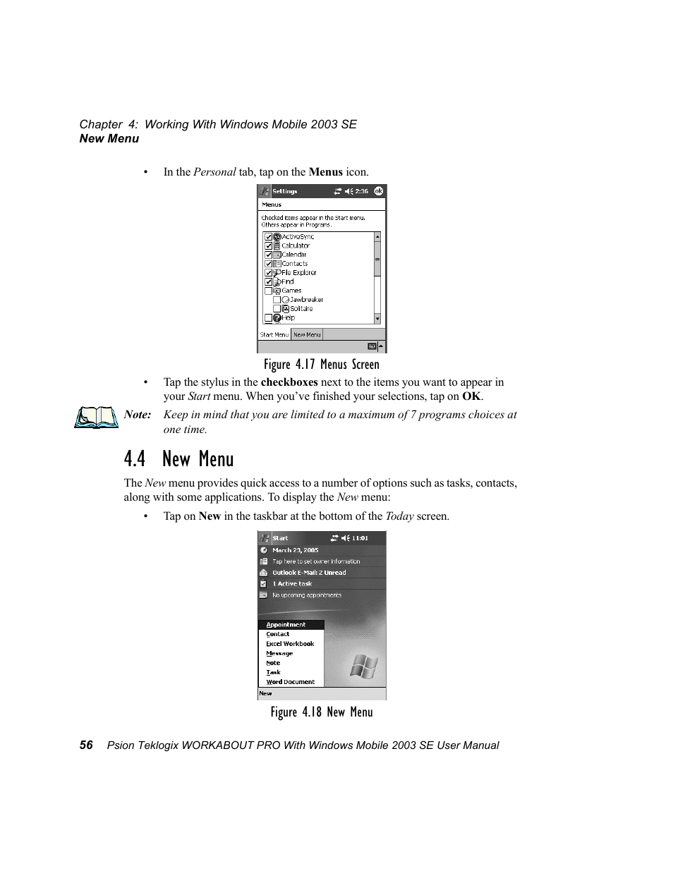 4 new menu | Psion Teklogix Schnellstart- Anleitung 7525 User Manual | Page 86 / 364