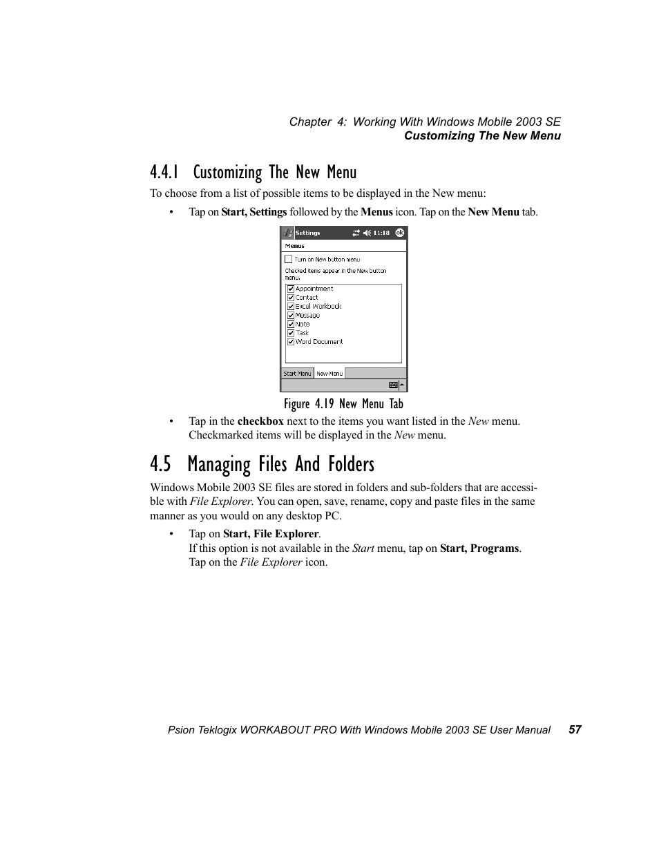 1 customizing the new menu, 5 managing files and folders | Psion Teklogix Schnellstart- Anleitung 7525 User Manual | Page 87 / 364