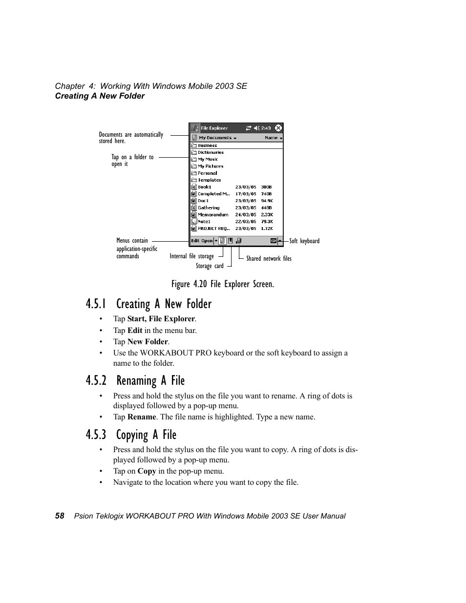 1 creating a new folder, 2 renaming a file, 3 copying a file | Psion Teklogix Schnellstart- Anleitung 7525 User Manual | Page 88 / 364