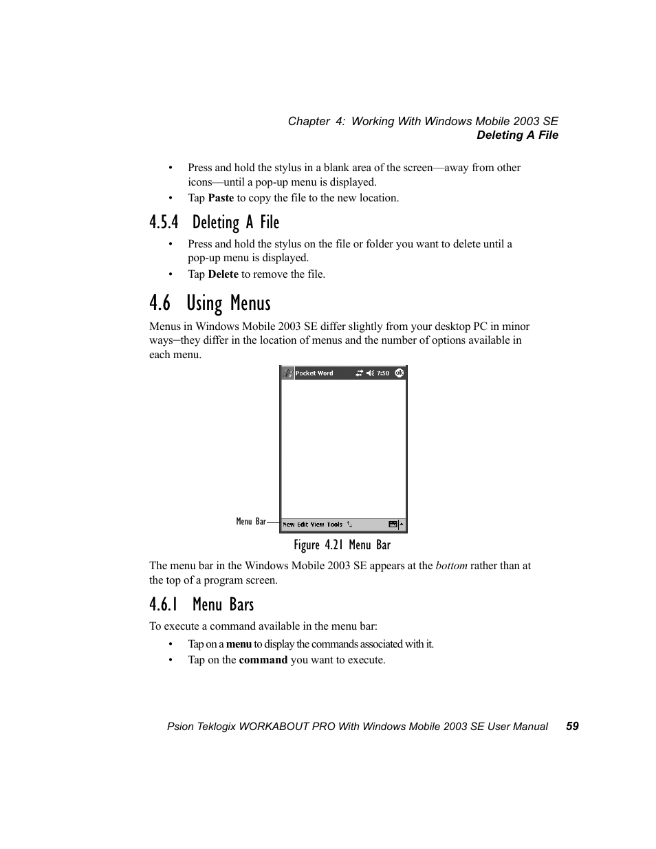 4 deleting a file, 6 using menus, 1 menu bars | Psion Teklogix Schnellstart- Anleitung 7525 User Manual | Page 89 / 364