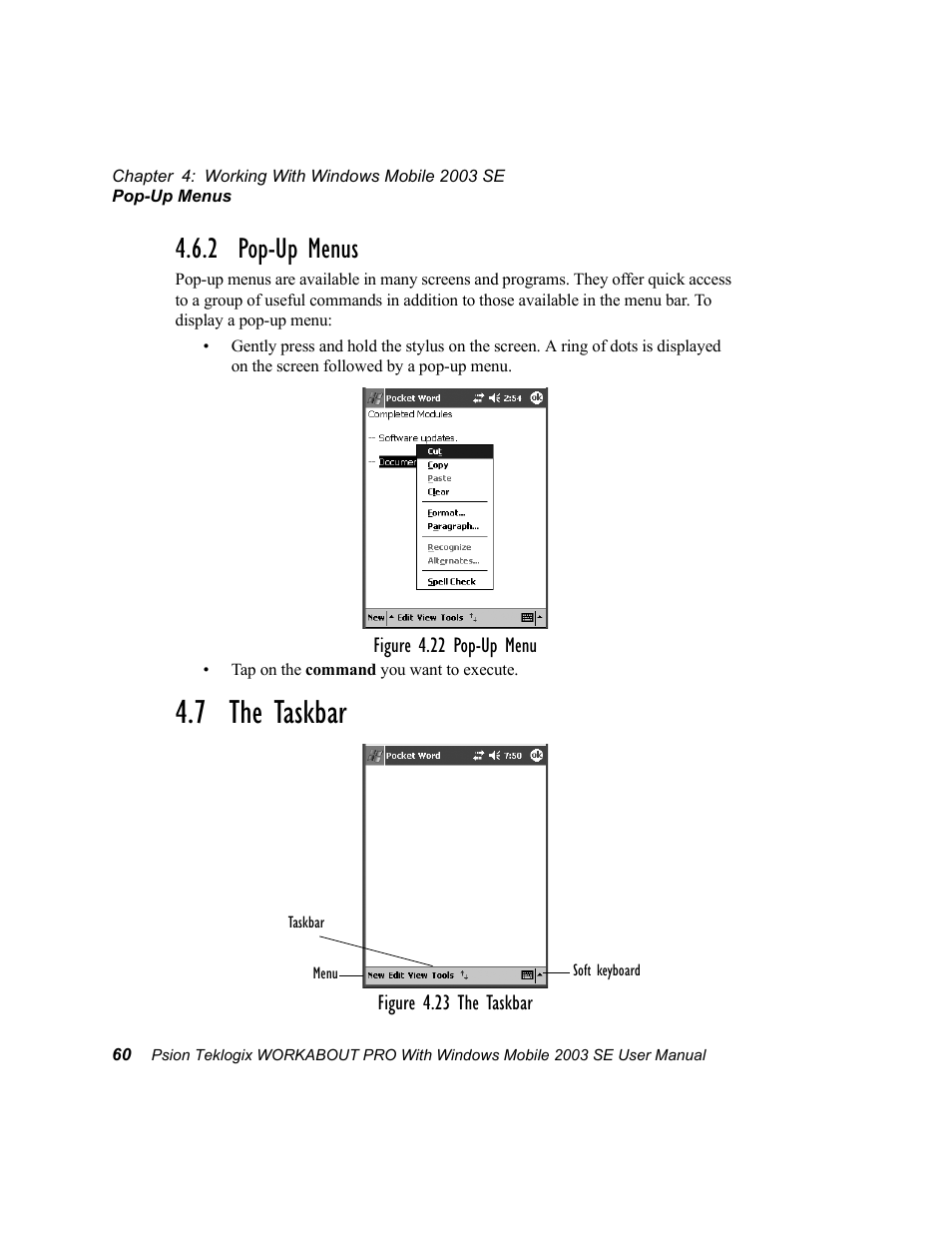 2 pop-up menus, 7 the taskbar | Psion Teklogix Schnellstart- Anleitung 7525 User Manual | Page 90 / 364