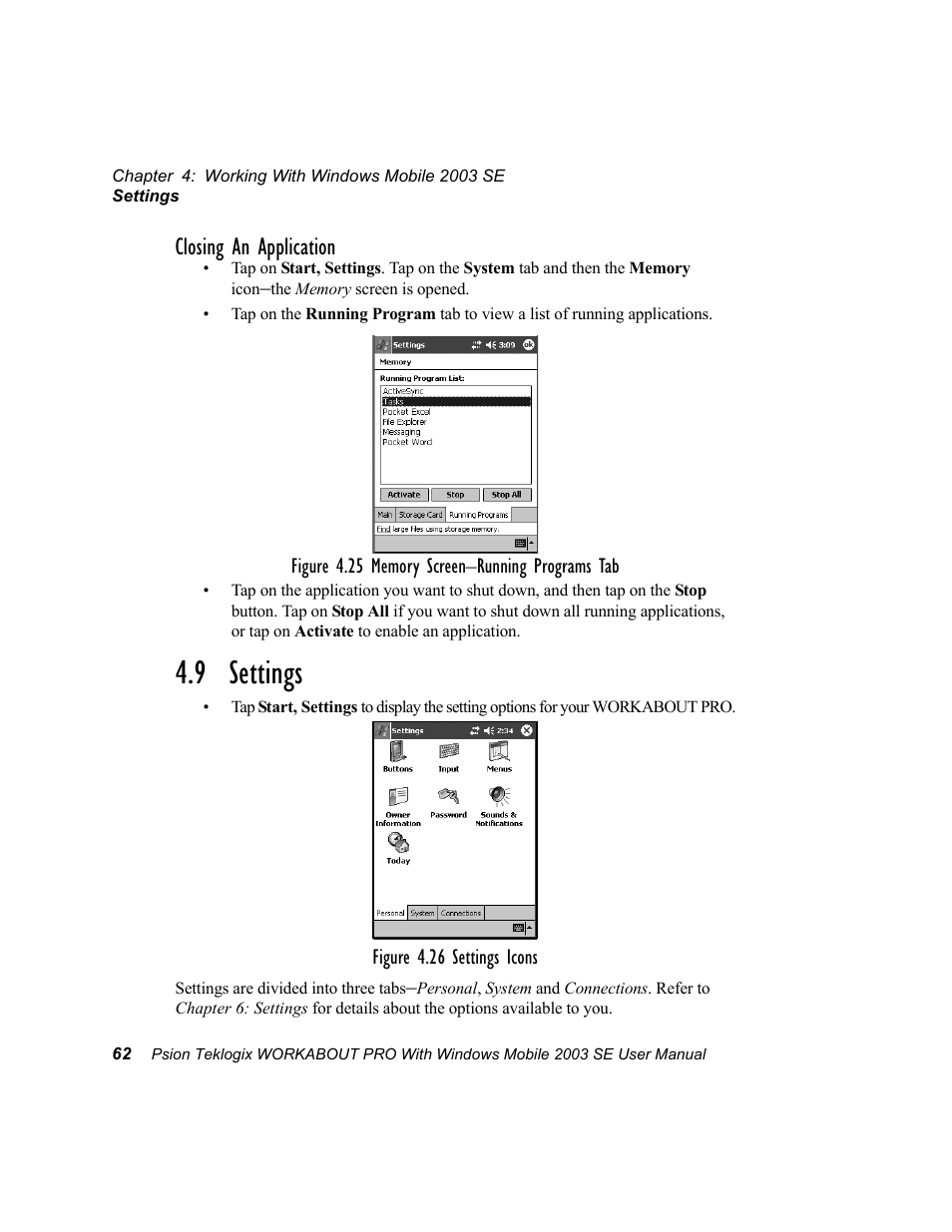 9 settings, Closing an application | Psion Teklogix Schnellstart- Anleitung 7525 User Manual | Page 92 / 364