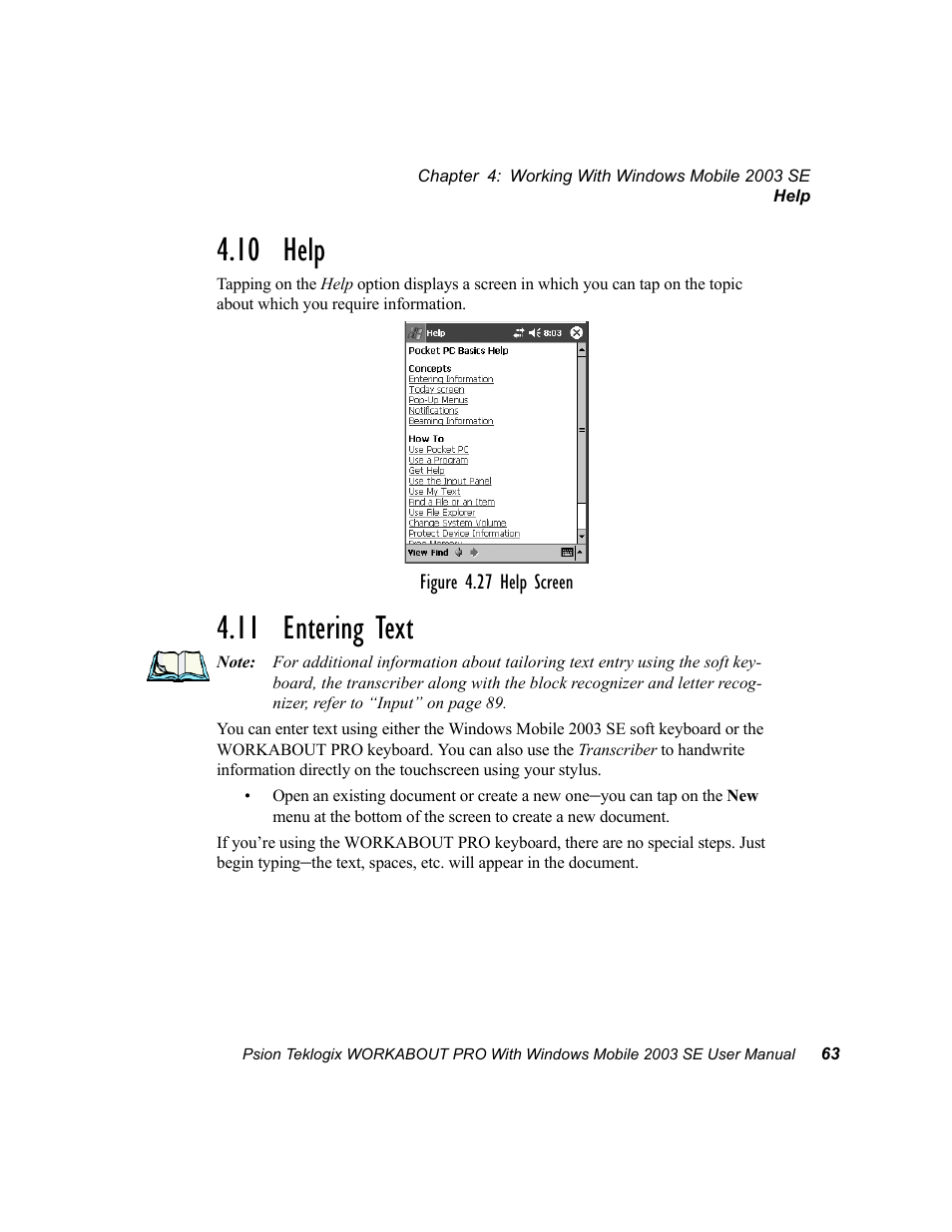 10 help, 11 entering text, 10 help 4.11 entering text | Psion Teklogix Schnellstart- Anleitung 7525 User Manual | Page 93 / 364