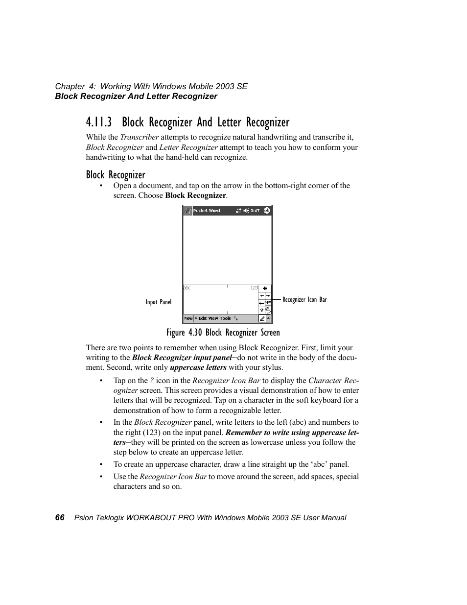 3 block recognizer and letter recognizer, Block recognizer | Psion Teklogix Schnellstart- Anleitung 7525 User Manual | Page 96 / 364