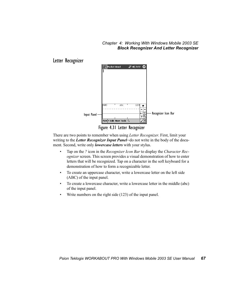 Letter recognizer, Figure 4.31 letter recognizer | Psion Teklogix Schnellstart- Anleitung 7525 User Manual | Page 97 / 364