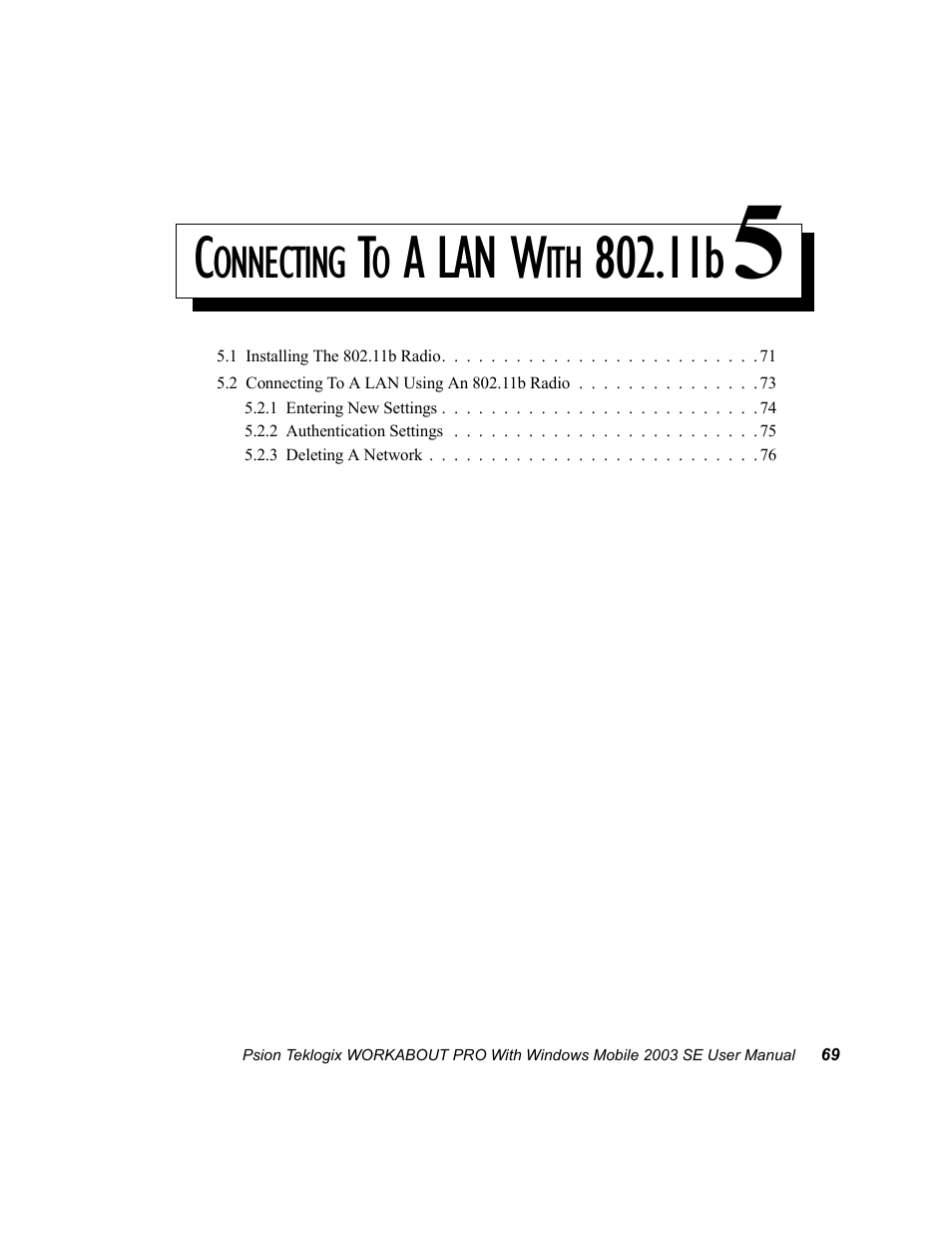 Connecting to a lan with 802.11b 5, Chapter 5: connecting to a lan with 802.11b, A lan w | Psion Teklogix Schnellstart- Anleitung 7525 User Manual | Page 99 / 364