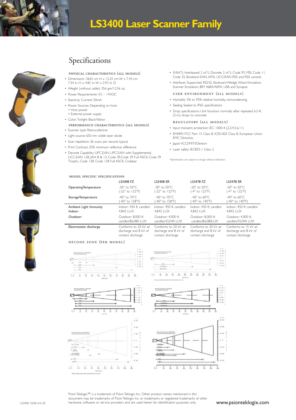 Ls3400 laser scanner family, Specifications | Psion Teklogix LS3400 User Manual | Page 2 / 2