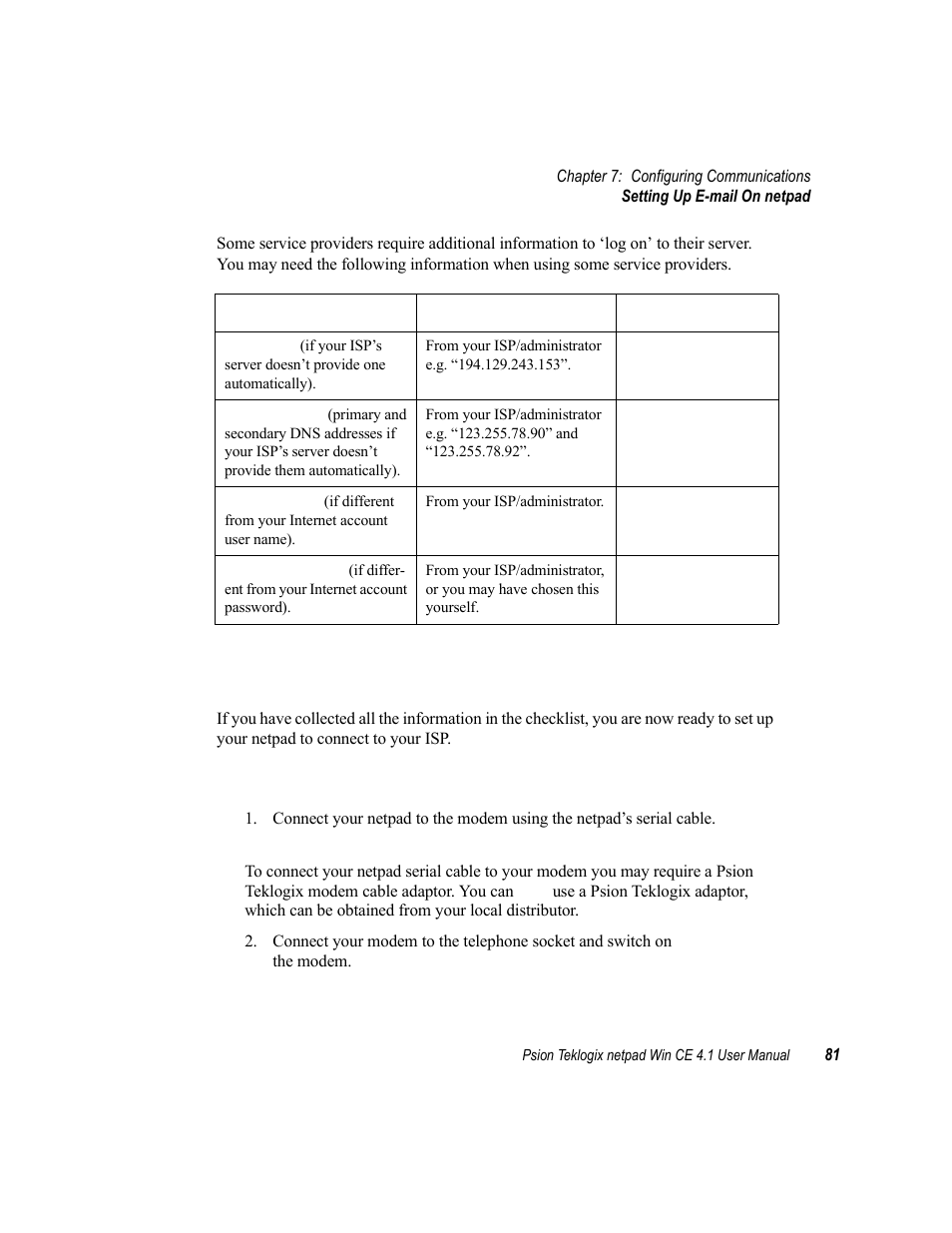 3 setting up e-mail on netpad, 1 connecting the modem, Setting up e-mail on netpad | Psion Teklogix netpad Win CE 4.1 User Manual | Page 101 / 132