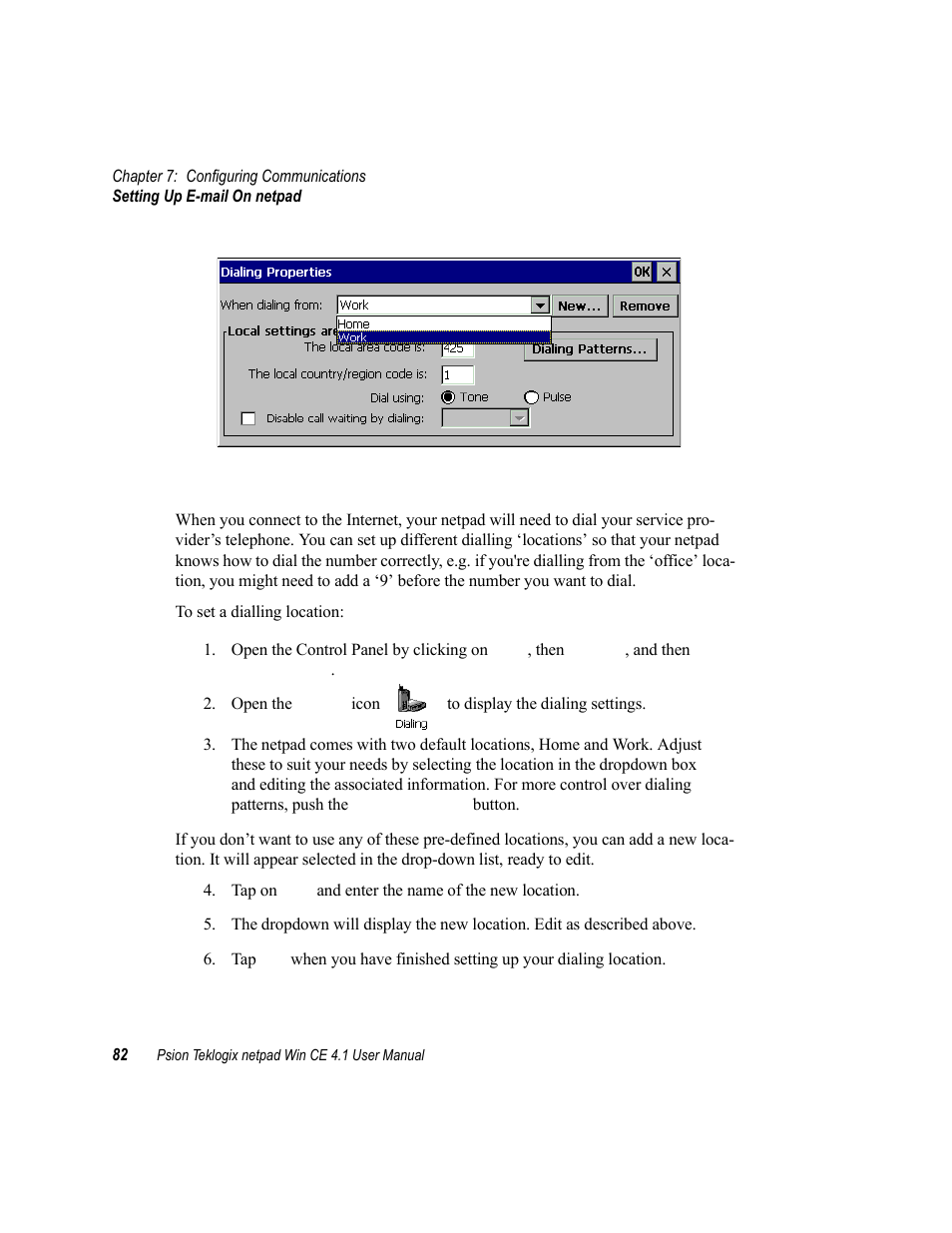 2 setting up dialling | Psion Teklogix netpad Win CE 4.1 User Manual | Page 102 / 132