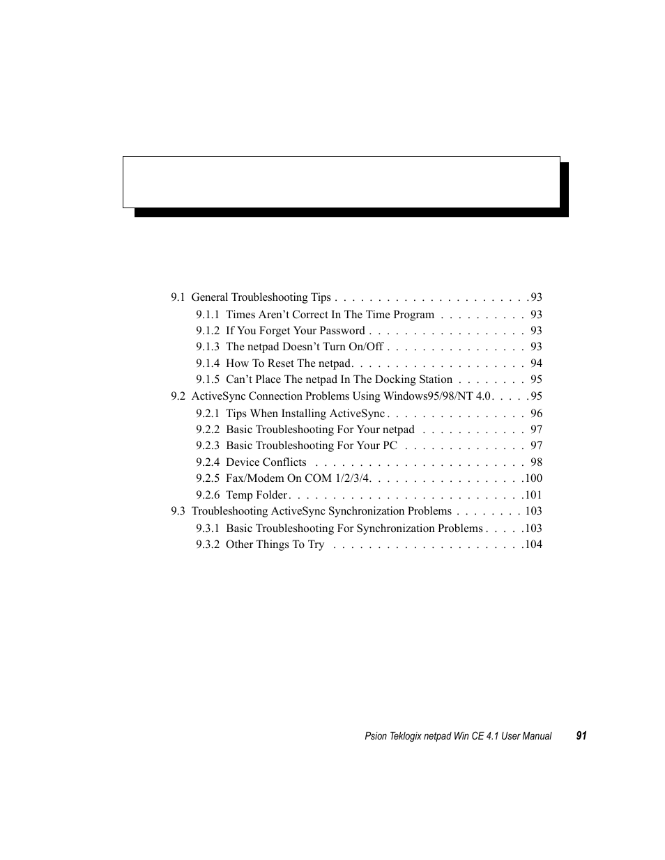 Troubleshooting the netpad 9, Chapter 9: troubleshooting the netpad, Roubleshooting | Netpad | Psion Teklogix netpad Win CE 4.1 User Manual | Page 111 / 132