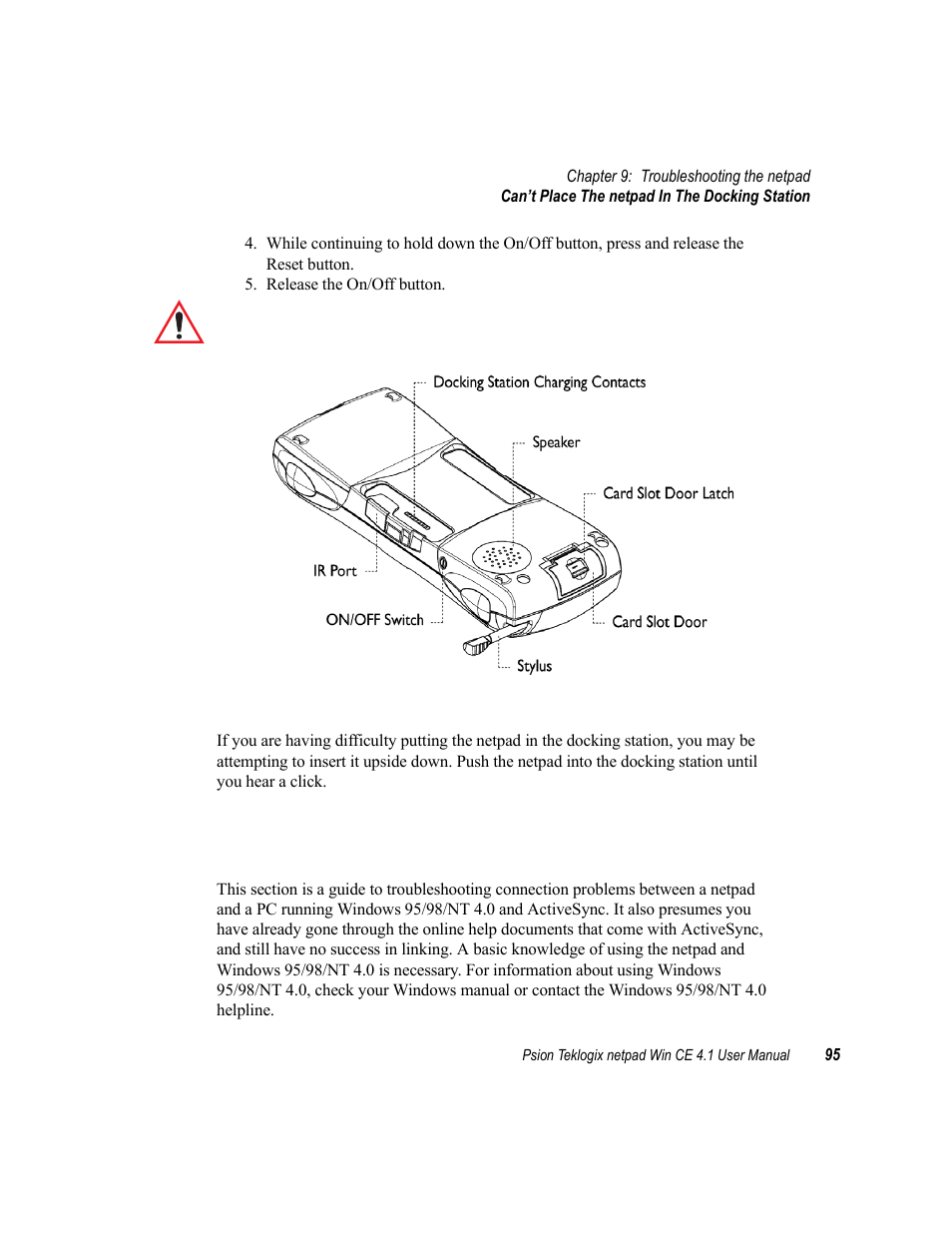 5 can’t place the netpad in the docking station, Can’t place the netpad in the docking station | Psion Teklogix netpad Win CE 4.1 User Manual | Page 115 / 132