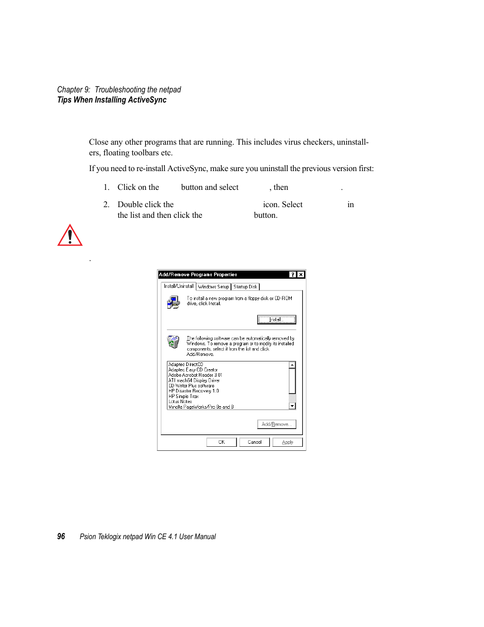 1 tips when installing activesync, Tips when installing activesync | Psion Teklogix netpad Win CE 4.1 User Manual | Page 116 / 132