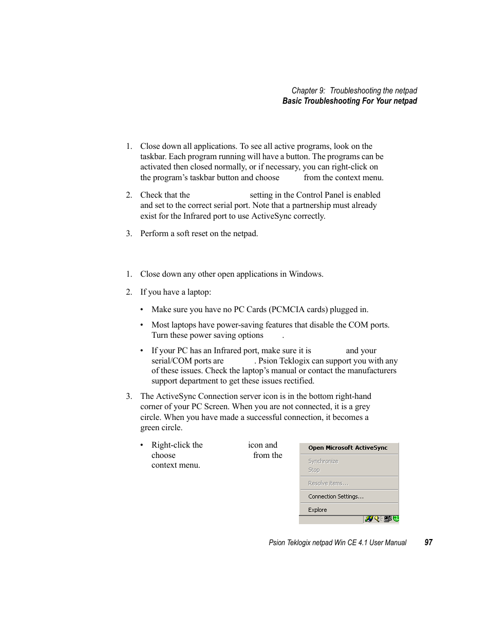2 basic troubleshooting for your netpad, 3 basic troubleshooting for your pc, Basic troubleshooting for your netpad | Basic troubleshooting for your pc | Psion Teklogix netpad Win CE 4.1 User Manual | Page 117 / 132