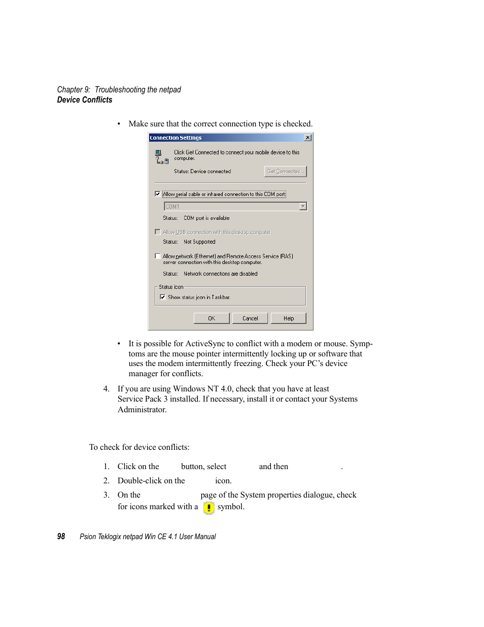 4 device conflicts, Device conflicts | Psion Teklogix netpad Win CE 4.1 User Manual | Page 118 / 132