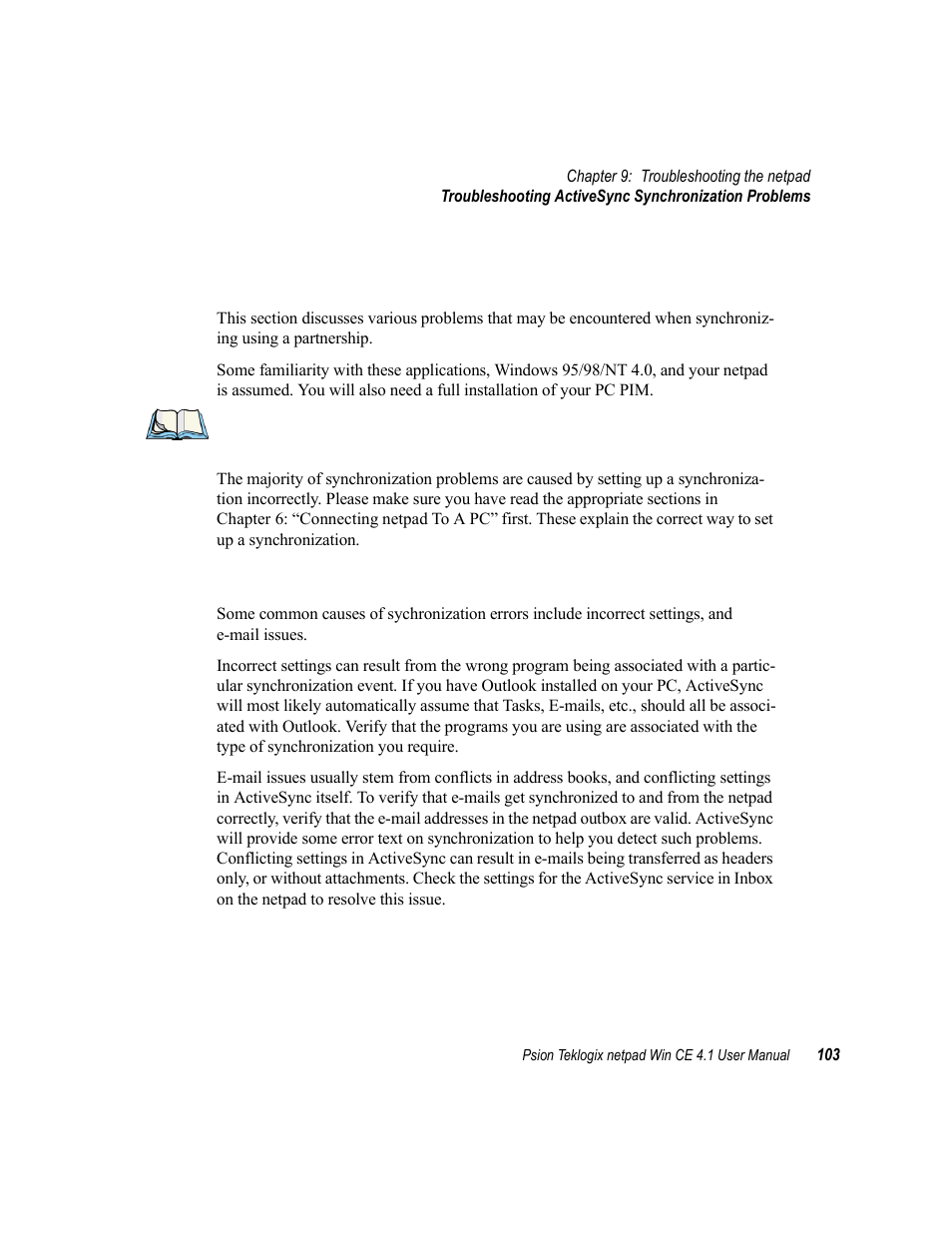 Basic troubleshooting for synchronization problems | Psion Teklogix netpad Win CE 4.1 User Manual | Page 123 / 132