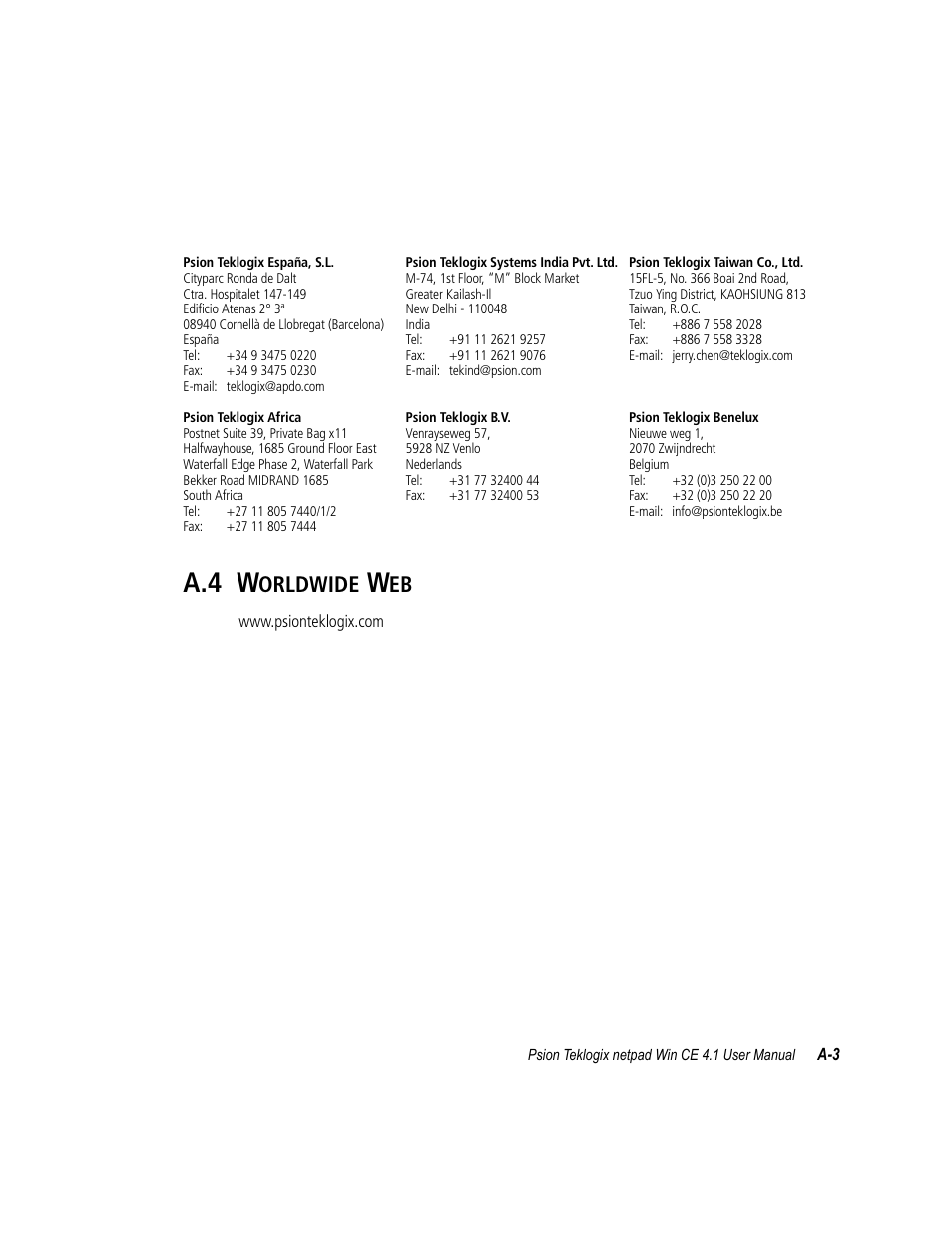 A.4 w, Orldwide | Psion Teklogix netpad Win CE 4.1 User Manual | Page 127 / 132