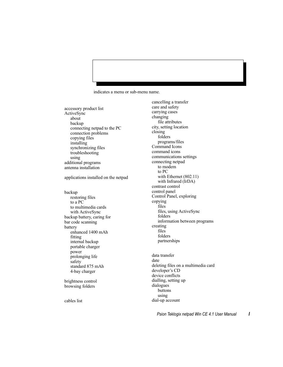 Index, Ndex | Psion Teklogix netpad Win CE 4.1 User Manual | Page 129 / 132