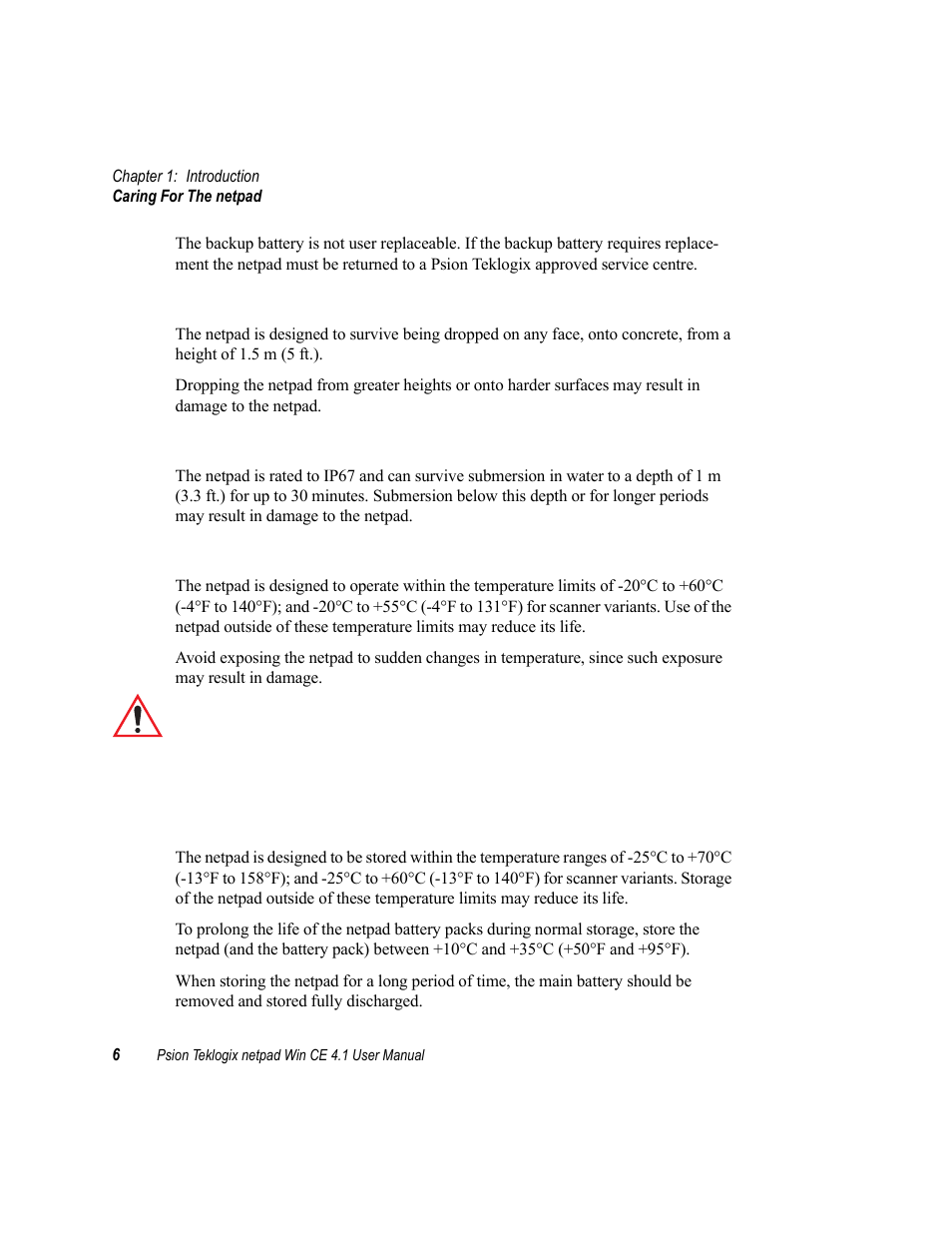 Drop rating, Ip rating, Operating temperature | Storage temperature | Psion Teklogix netpad Win CE 4.1 User Manual | Page 26 / 132