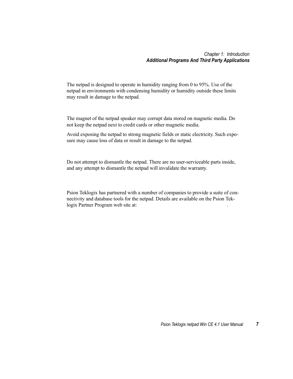 5 additional programs and third party applications, Additional programs and third party applications, Humidity | Magnetic fields and static electricity, Service | Psion Teklogix netpad Win CE 4.1 User Manual | Page 27 / 132