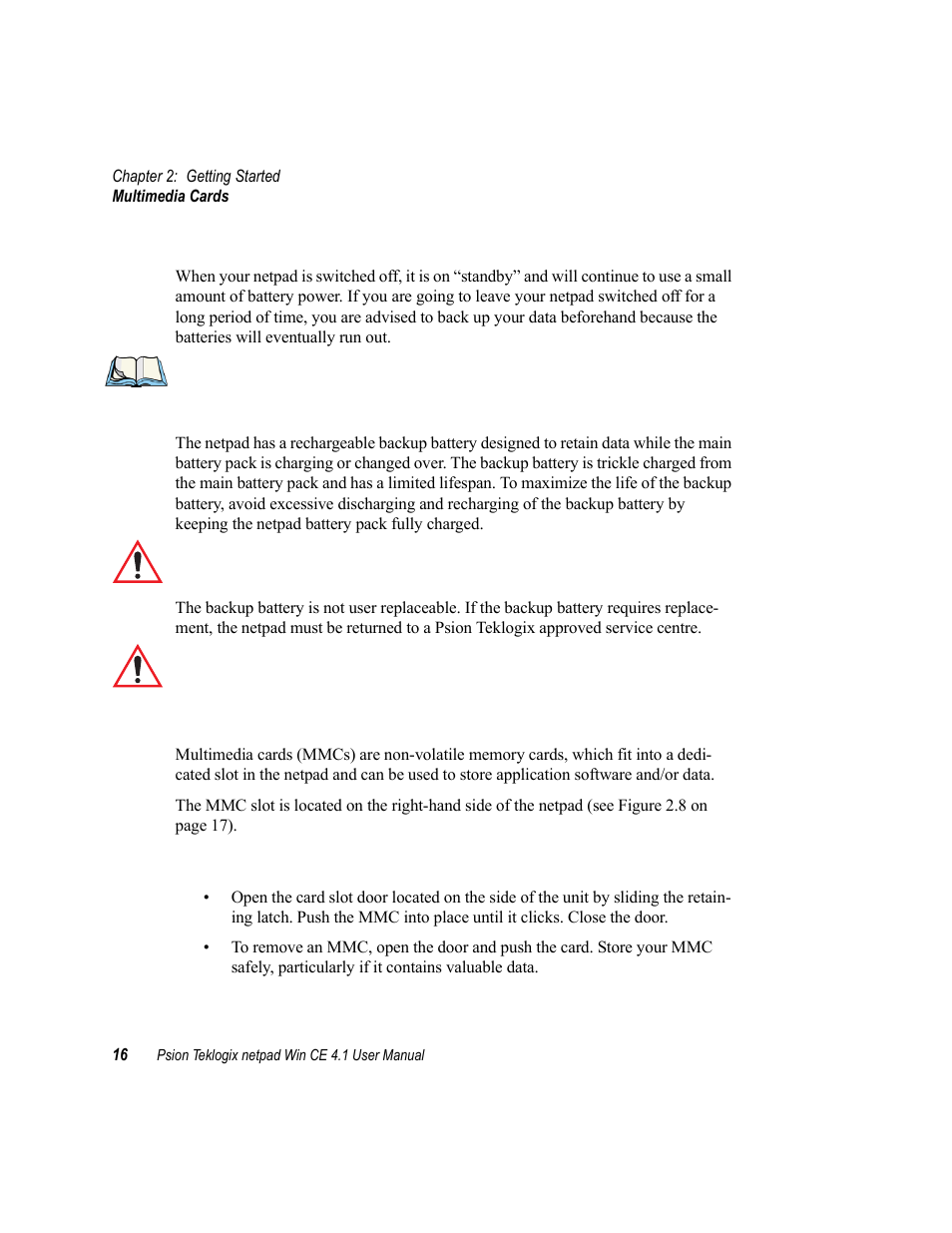 5 prolonging battery life, 6 internal backup battery, 4 multimedia cards | 1 inserting and removing an mmc, Multimedia cards | Psion Teklogix netpad Win CE 4.1 User Manual | Page 36 / 132