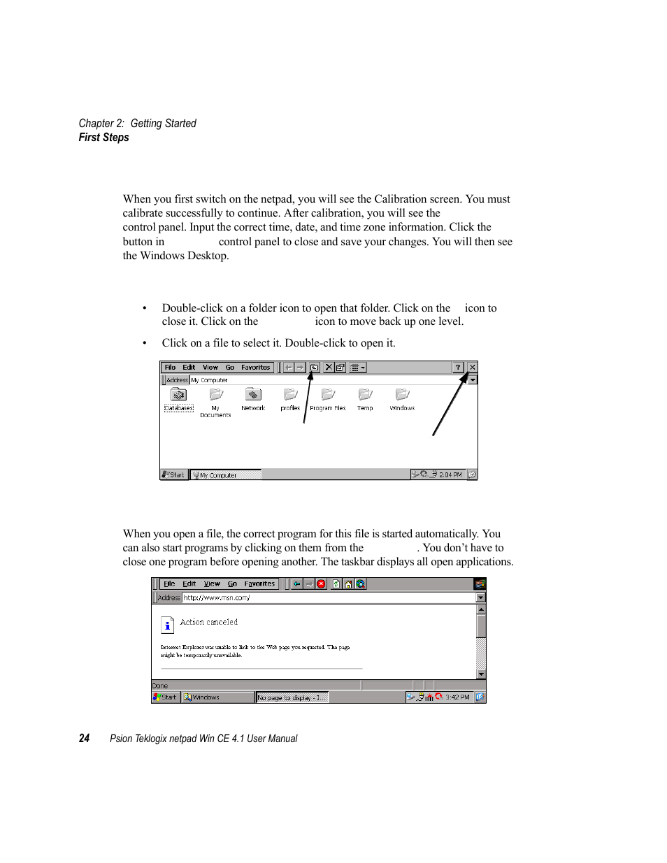 8 first steps, 1 navigating between files and folders, 2 starting programs | First steps, Navigating between files and folders, Starting programs | Psion Teklogix netpad Win CE 4.1 User Manual | Page 44 / 132