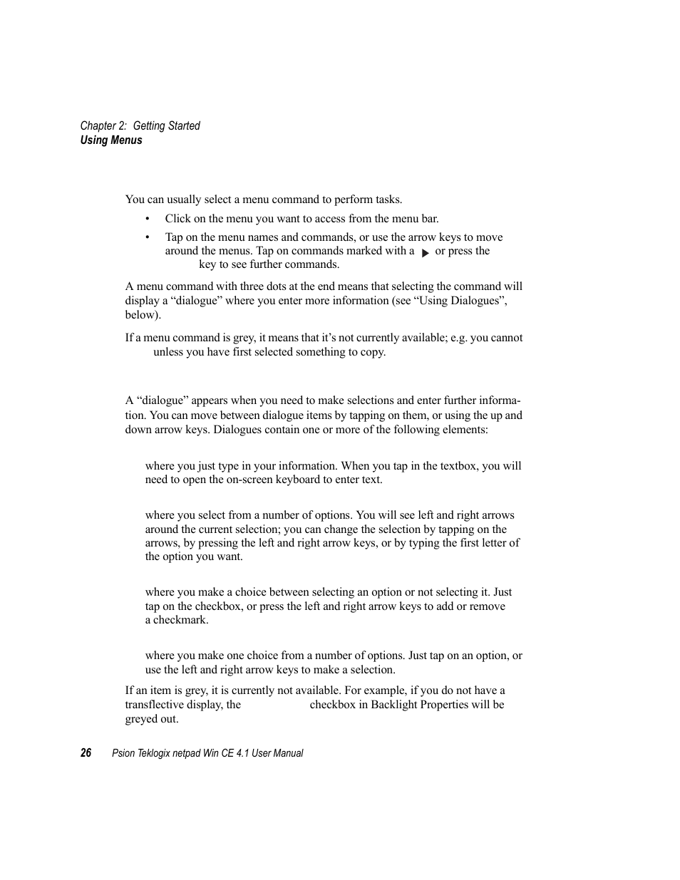 5 using menus, 6 using dialogues, Using menus | Using dialogues, 5 using menus 2.8.6 using dialogues | Psion Teklogix netpad Win CE 4.1 User Manual | Page 46 / 132