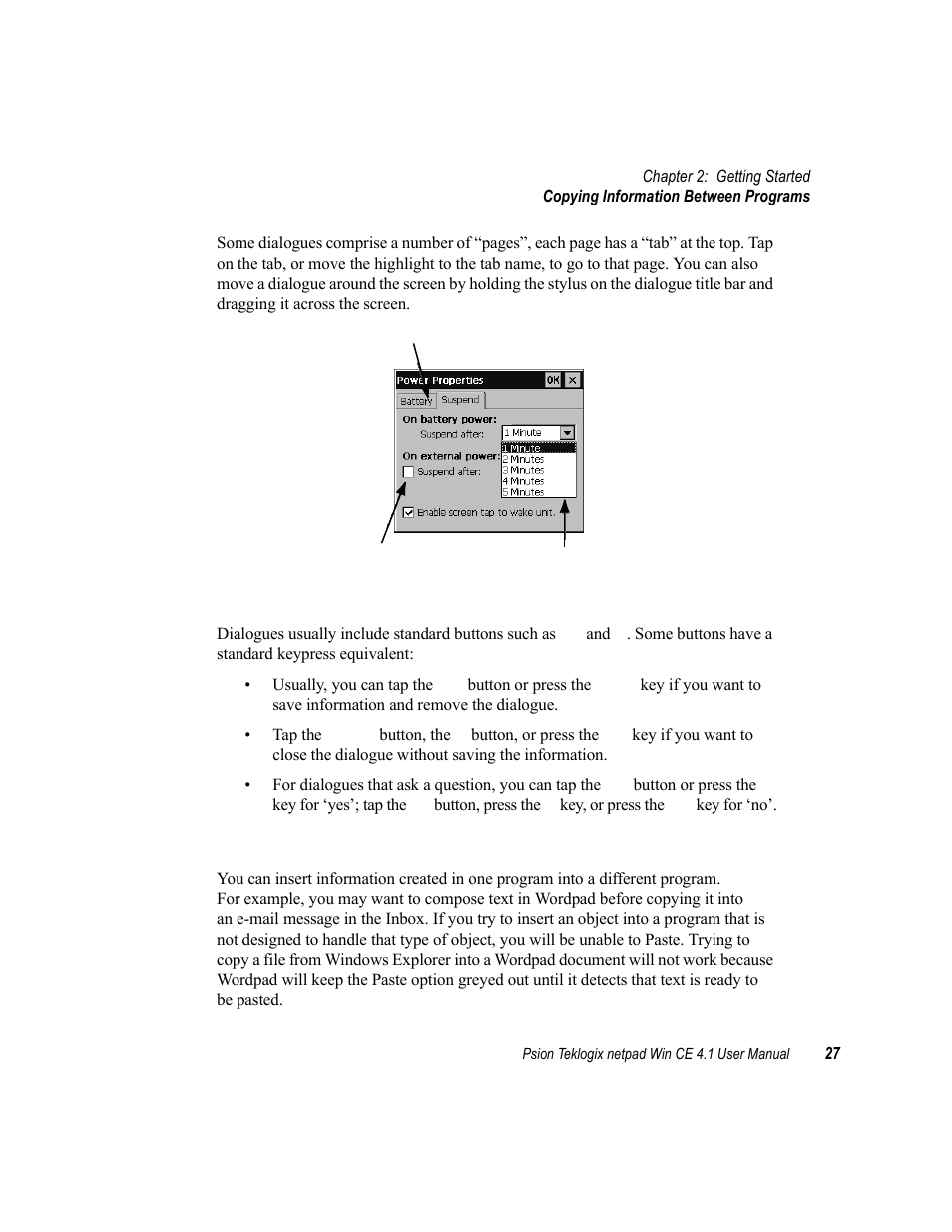 1 dialogue buttons, 7 copying information between programs, Copying information between programs | Psion Teklogix netpad Win CE 4.1 User Manual | Page 47 / 132