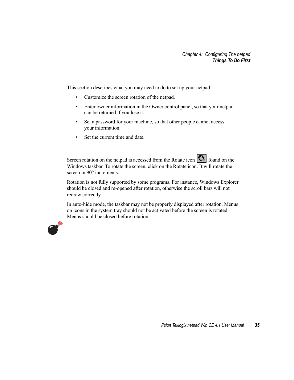 1 things to do first, 1 screen rotation, Things to do first | Screen rotation | Psion Teklogix netpad Win CE 4.1 User Manual | Page 55 / 132