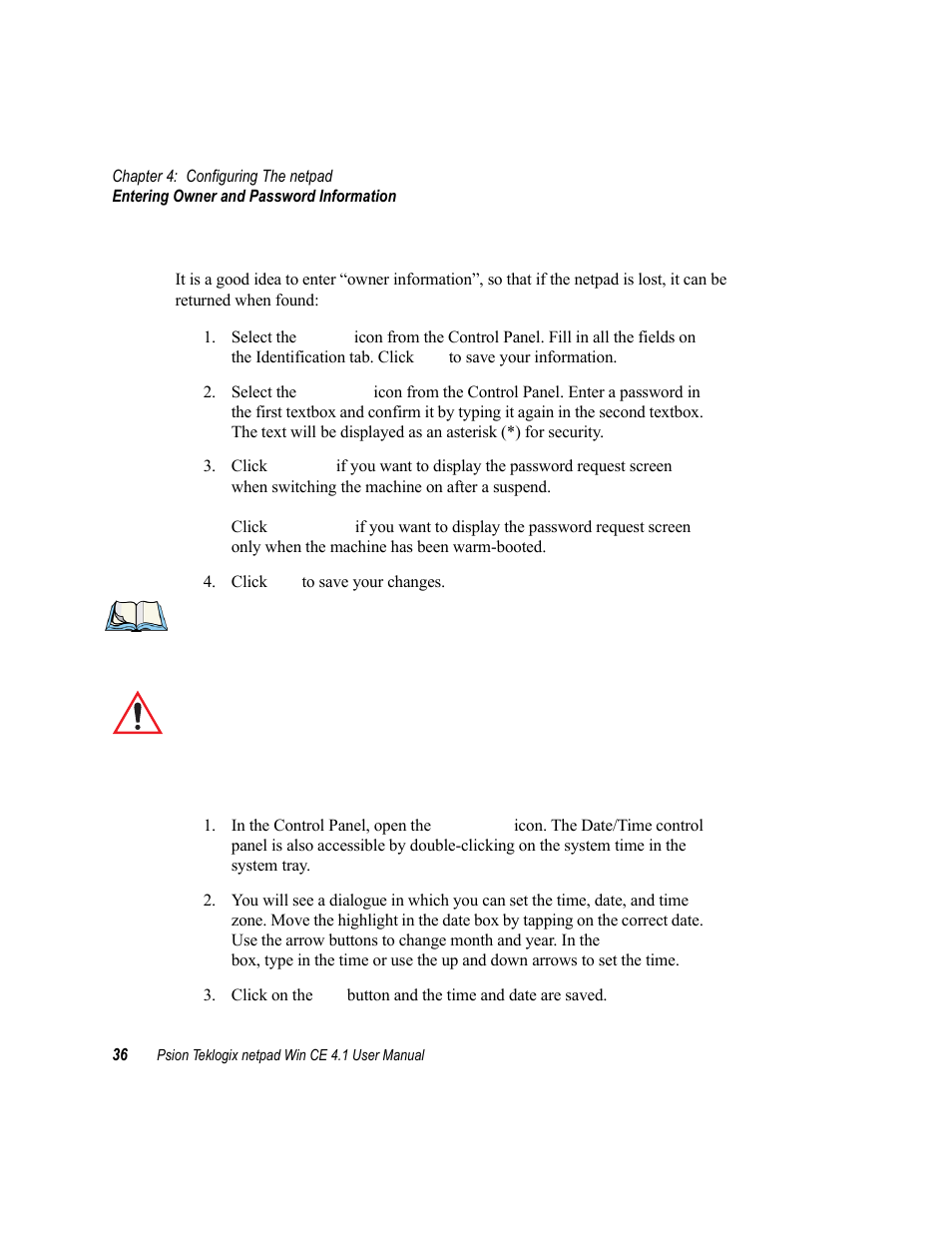 2 entering owner and password information, 3 setting the time, date and time zone, Entering owner and password information | Setting the time, date and time zone | Psion Teklogix netpad Win CE 4.1 User Manual | Page 56 / 132