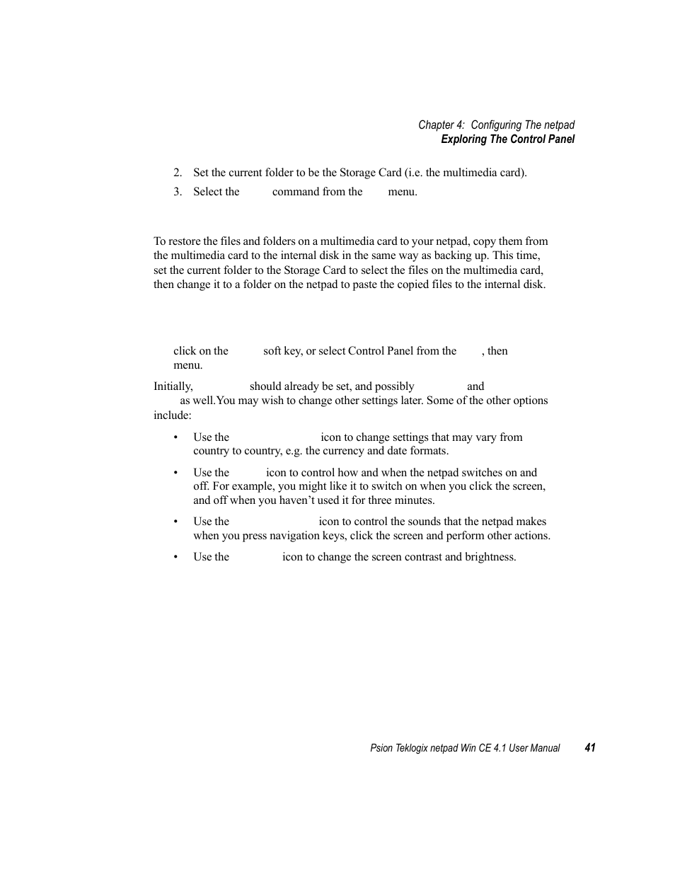 4 exploring the control panel, Exploring the control panel, Restoring files from a backup | Psion Teklogix netpad Win CE 4.1 User Manual | Page 61 / 132