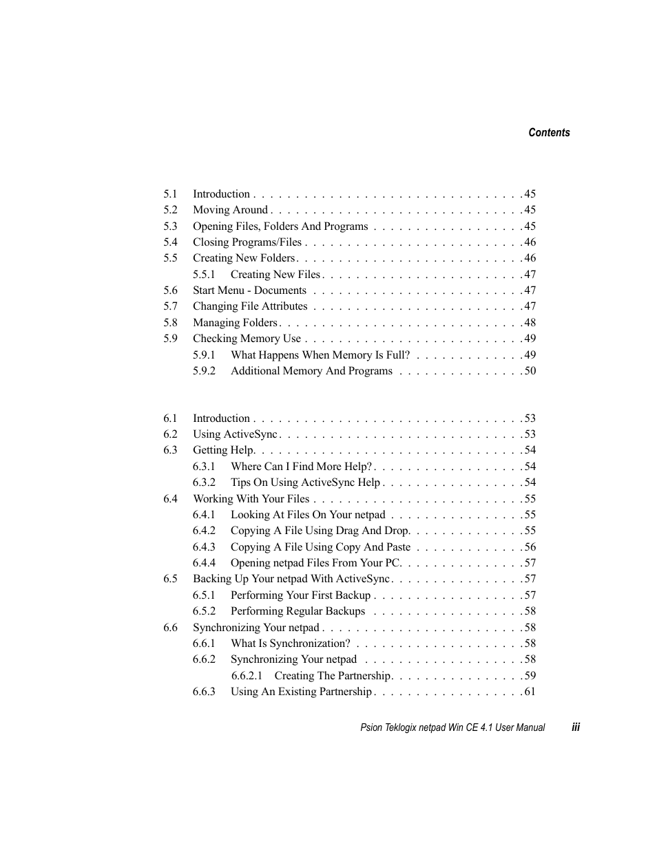 Chapter 5: files, folders, and programs, Chapter 6: connecting netpad to a pc | Psion Teklogix netpad Win CE 4.1 User Manual | Page 7 / 132