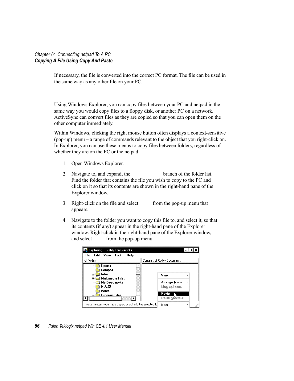 3 copying a file using copy and paste, Copying a file using copy and paste | Psion Teklogix netpad Win CE 4.1 User Manual | Page 76 / 132