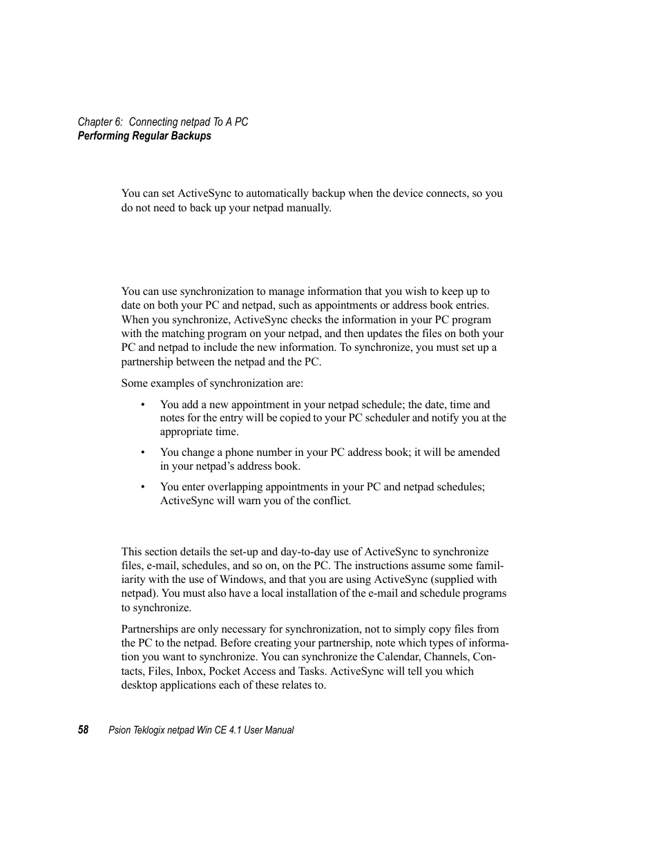 2 performing regular backups, 6 synchronizing your netpad, 1 what is synchronization | 2 synchronizing your netpad, Performing regular backups, Synchronizing your netpad, What is synchronization | Psion Teklogix netpad Win CE 4.1 User Manual | Page 78 / 132