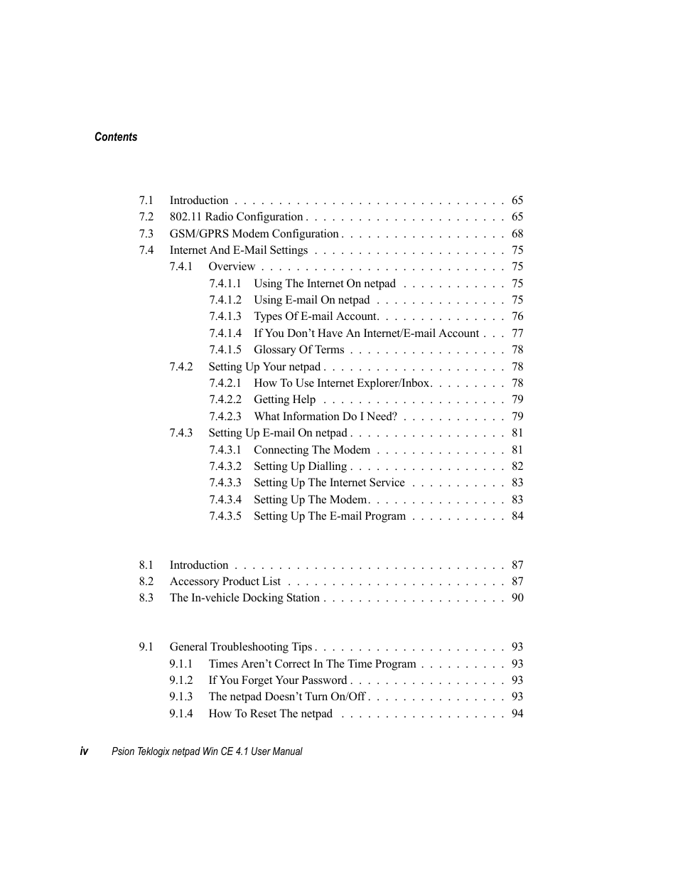 Chapter 7: configuring communications, Chapter 8: netpad accessories, Chapter 9: troubleshooting the netpad | Psion Teklogix netpad Win CE 4.1 User Manual | Page 8 / 132