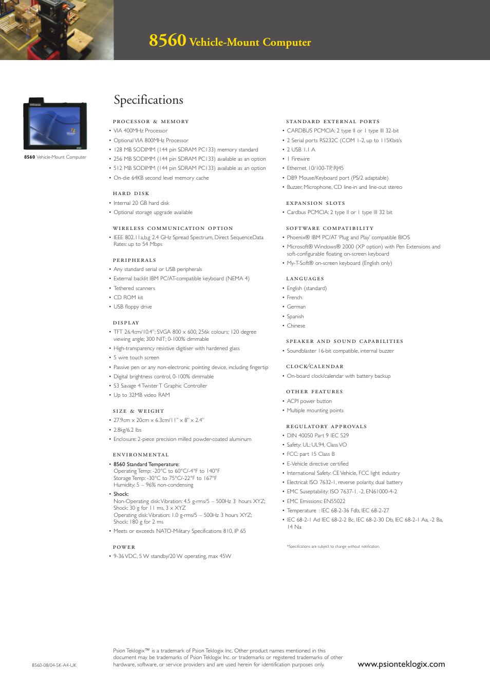 Specifications, Vehicle-mount computer | Psion Teklogix Vehicle-Mount Computer 8560 User Manual | Page 2 / 2