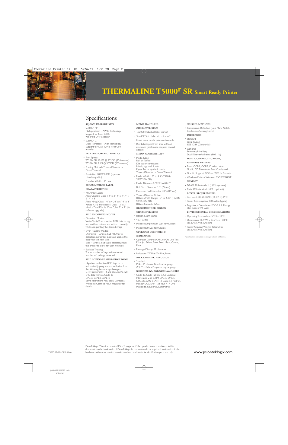 Thermaline t5000r sr, Specifications, Smart ready printer | Psion Teklogix Thermaline T5000r SR User Manual | Page 2 / 2