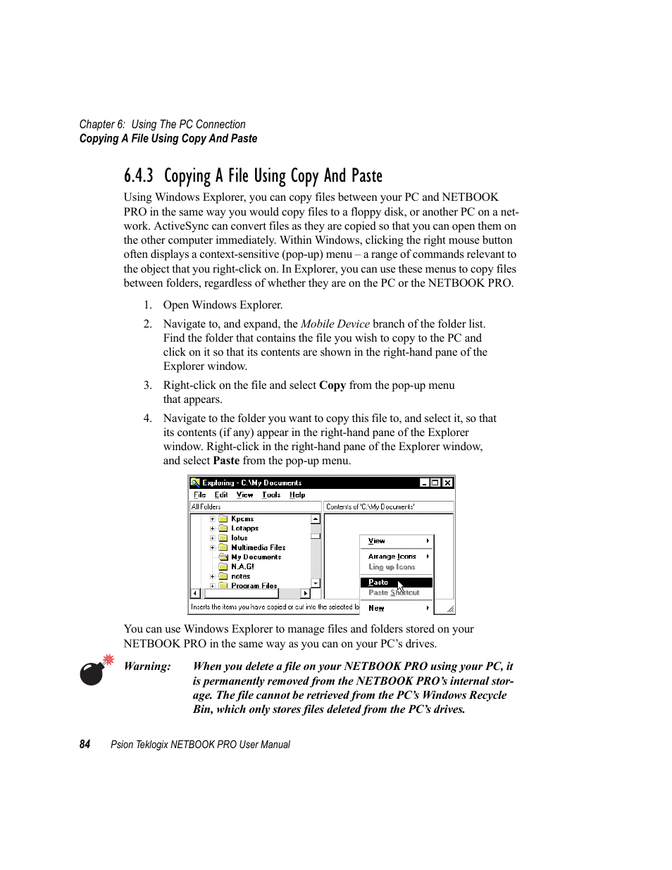 3 copying a file using copy and paste, Copying a file using copy and paste | Psion Teklogix Netbook Pro none User Manual | Page 104 / 172