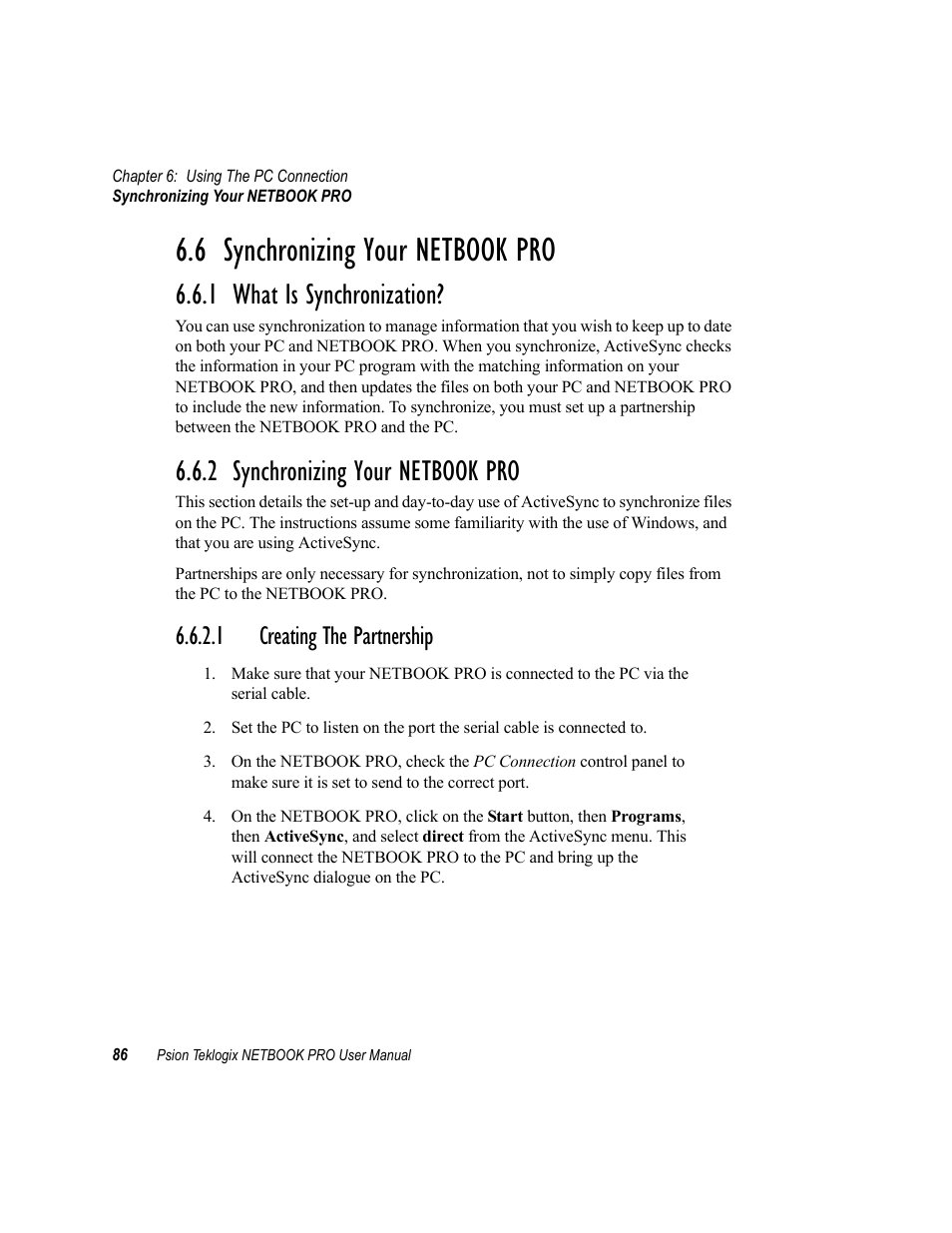 6 synchronizing your netbook pro, 1 what is synchronization, 2 synchronizing your netbook pro | 1 creating the partnership, Synchronizing your netbook pro, What is synchronization, Creating the partnership | Psion Teklogix Netbook Pro none User Manual | Page 106 / 172