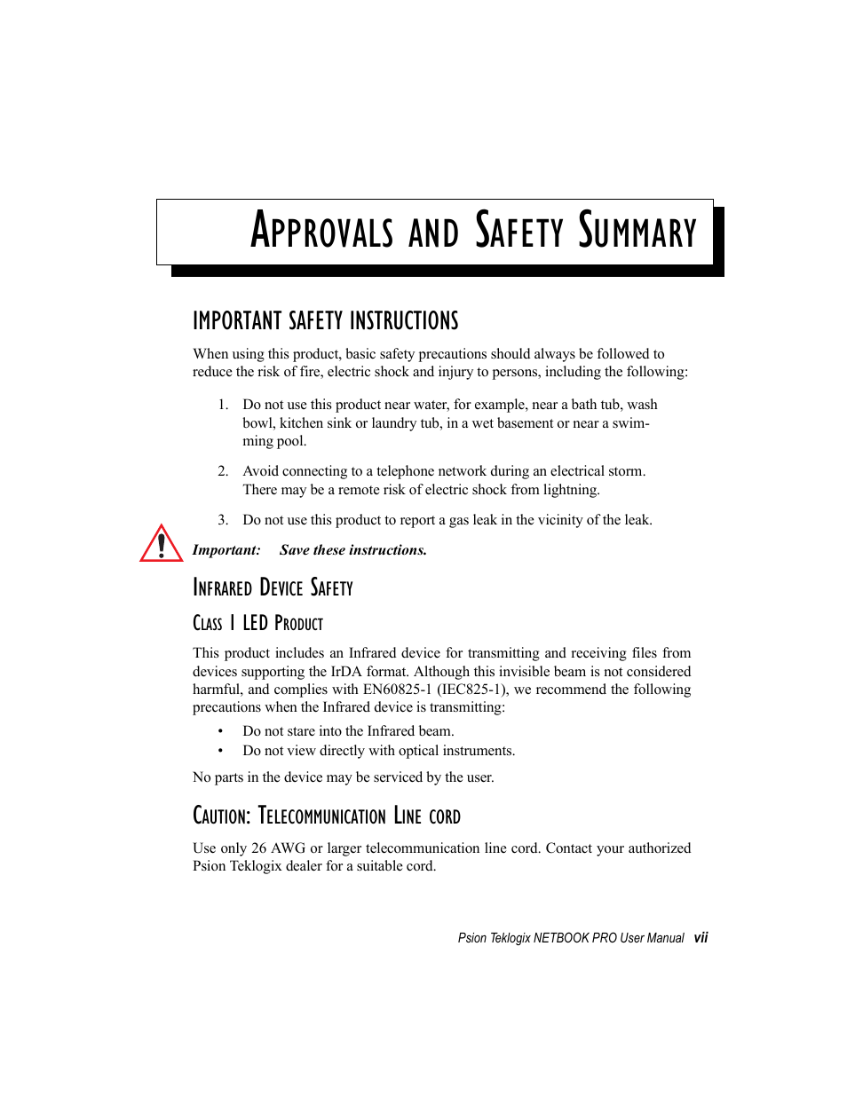 Approvals and safety summary, Class 1 led product, Pprovals | Afety, Ummary | Psion Teklogix Netbook Pro none User Manual | Page 11 / 172