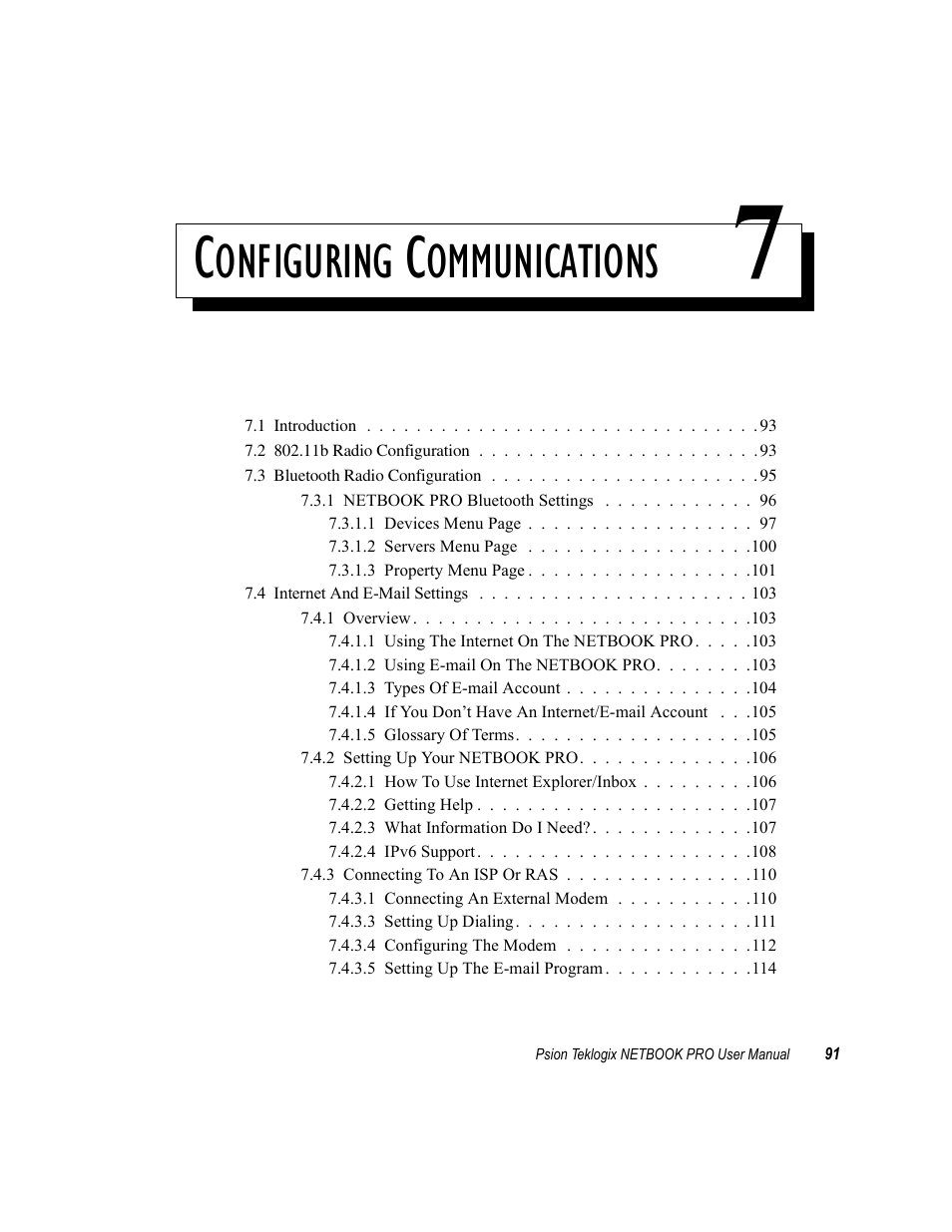 Configuring communications 7, Chapter 7: configuring communications, Onfiguring | Ommunications | Psion Teklogix Netbook Pro none User Manual | Page 111 / 172