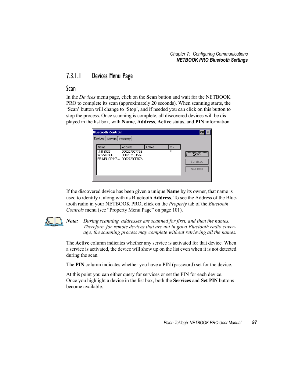 1 devices menu page, Scan | Psion Teklogix Netbook Pro none User Manual | Page 117 / 172