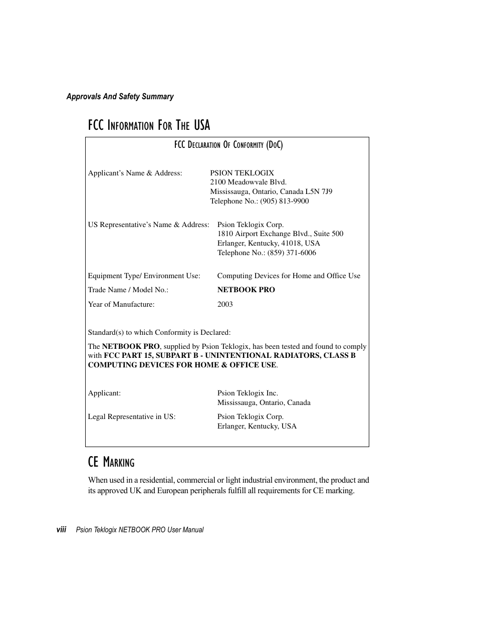 Fcc i, Ce m, Nformation | Arking | Psion Teklogix Netbook Pro none User Manual | Page 12 / 172