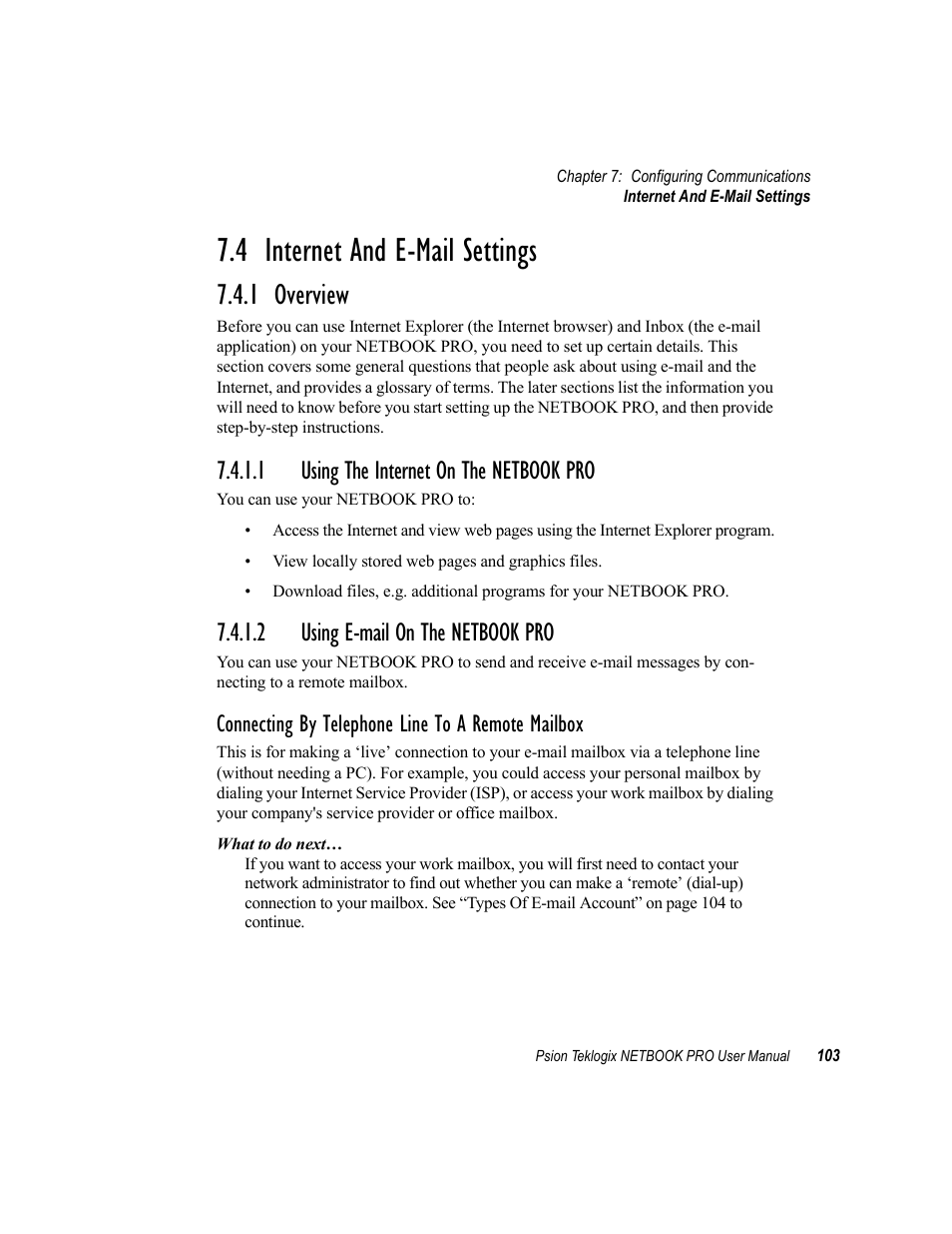 4 internet and e-mail settings, 1 overview, 1 using the internet on the netbook pro | 2 using e-mail on the netbook pro, Internet and e-mail settings, Overview, Using the internet on the netbook pro, Using e-mail on the netbook pro, Connecting by telephone line to a remote mailbox | Psion Teklogix Netbook Pro none User Manual | Page 123 / 172