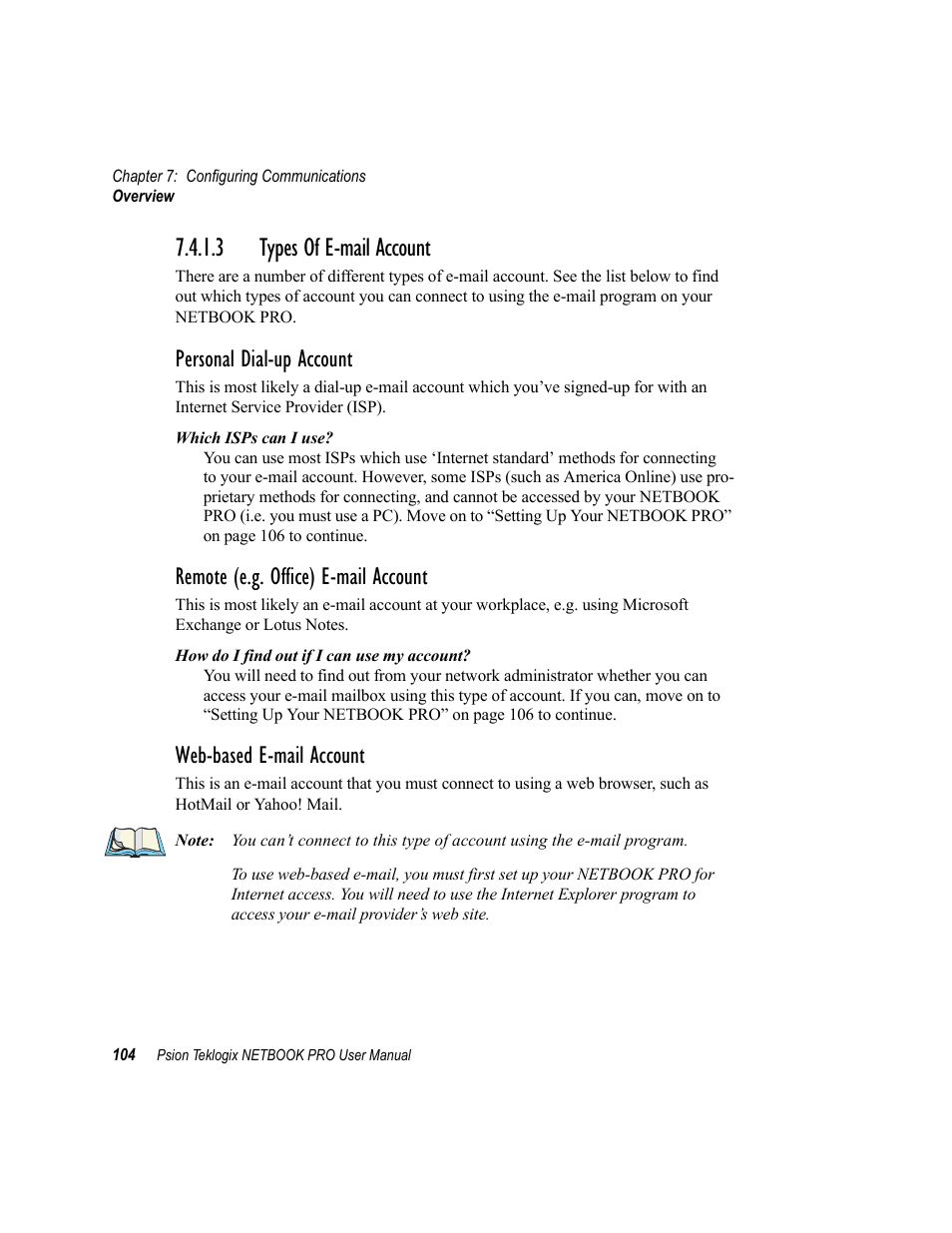 3 types of e-mail account, Types of e-mail account, Personal dial-up account | Remote (e.g. office) e-mail account, Web-based e-mail account | Psion Teklogix Netbook Pro none User Manual | Page 124 / 172