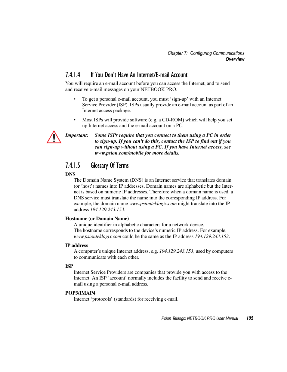 4 if you don’t have an internet/e-mail account, 5 glossary of terms, If you don’t have an internet/e-mail account | Glossary of terms | Psion Teklogix Netbook Pro none User Manual | Page 125 / 172